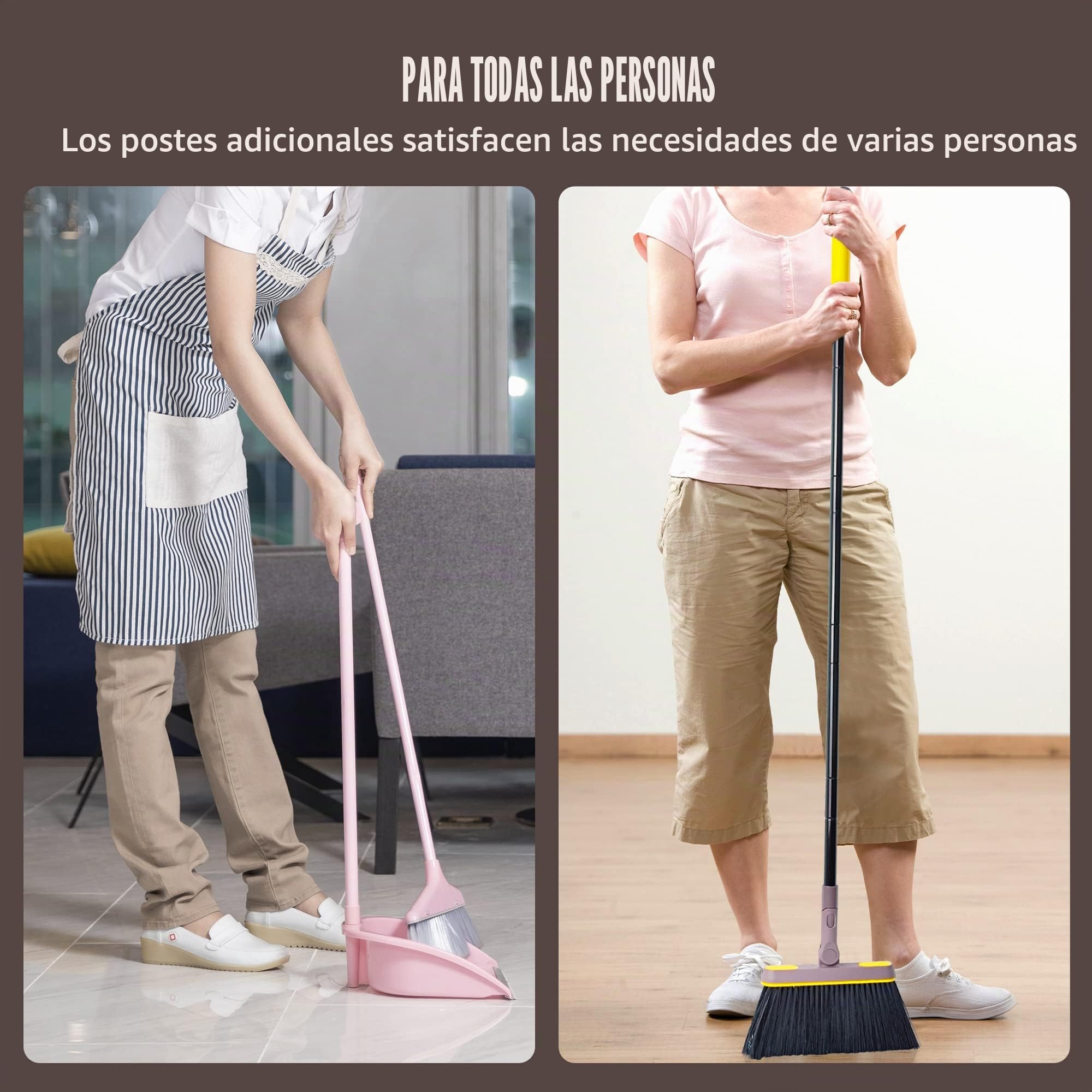 JEHONN Escoba Alta y Recogedor Plegable, Cepillo Barrer Mango Largo, Juego de Sartenes para Interior, Cabeza Giratoria 180° (Marrón Amarillo)