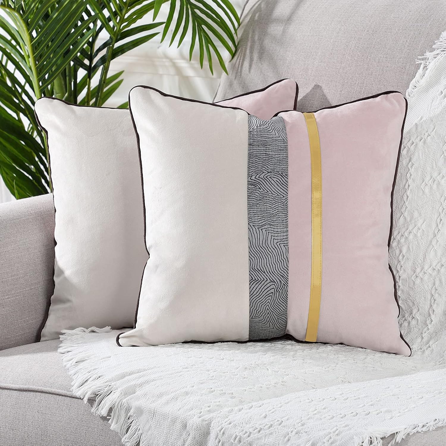 Yaertun Pack of 2 Patchwork Velvet Square Decorative Throw Pillow Cover with Gold Striped Leather Cushion Cases Modern Luxury Pillowcases for Couch Sofa Bed 22x22 Inches Pink
