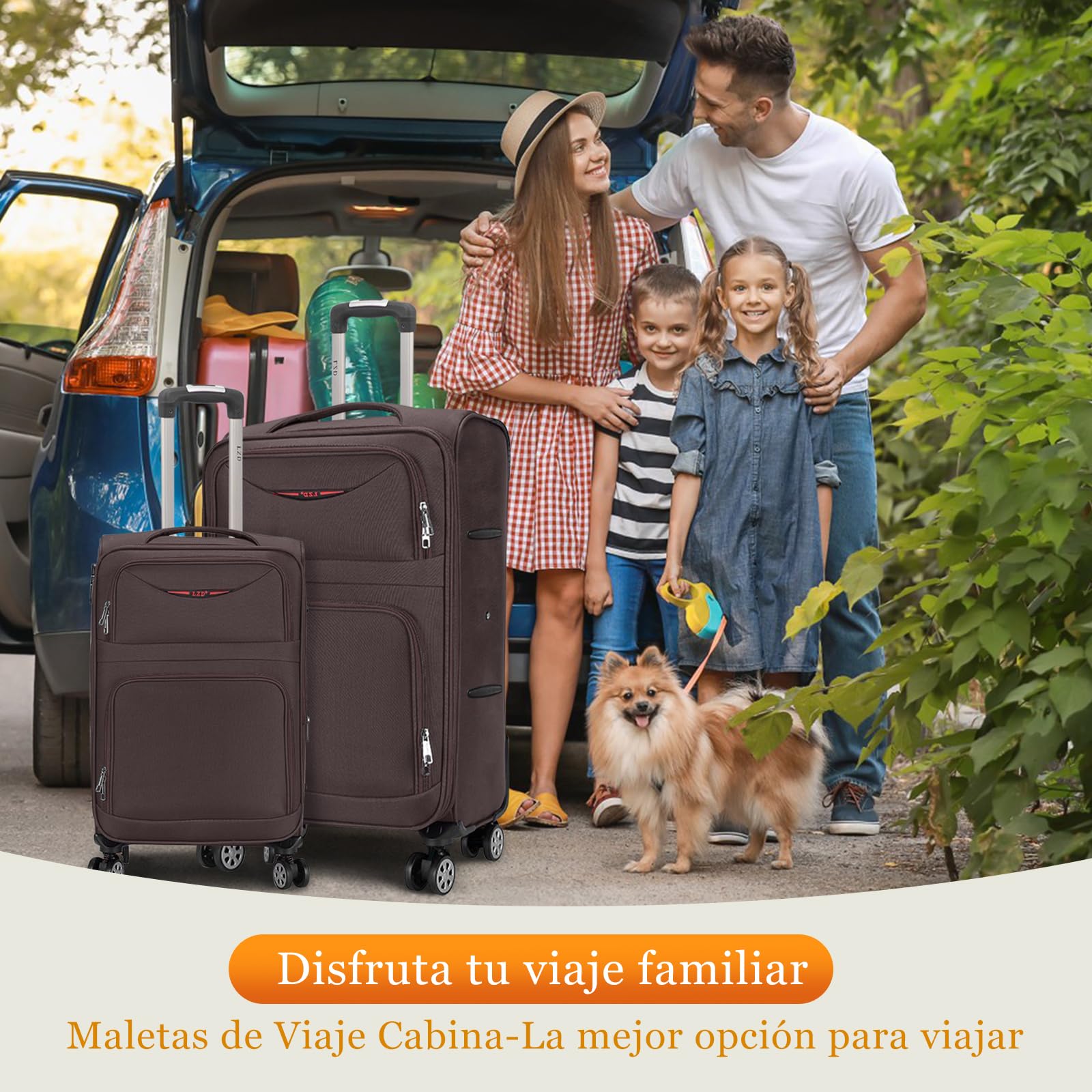Juego de Maletas Blandas 4 Piezas Ampliable Ligero Set Maletas de Viaje de Tela Cabina Trolley Duradero con 4 Ruedas Dobles Giratorias y Cerradura 18" 20" 24" 28" (Marron)