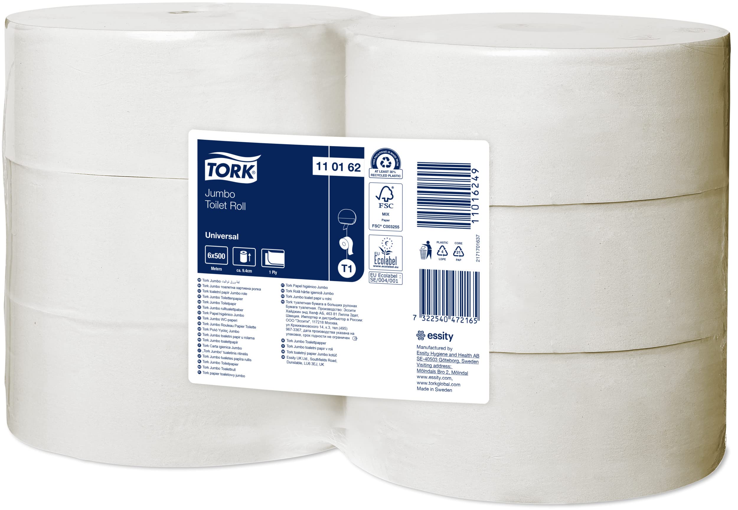 Tork 110162 Rollos de papel higiénico Jumbo Advanced de larga duración de 1 capa compatibles con el sistema higiénico Jumbo Tork T1, 6 rollos x 2500 hojas | En calidad avanzada para el sistema de papel higiénico Tork / papel higiénico / con relieve de hoj
