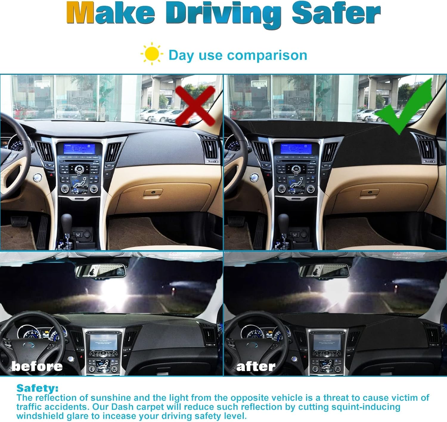 x xotic tech Black Soft Suede Car Dashboard Mat Cover Compatible with Hyundai Sonata 2011-2014 Pre-Cut w/Non-Slip Back Sun Glare Protector Dash Carpet Pad