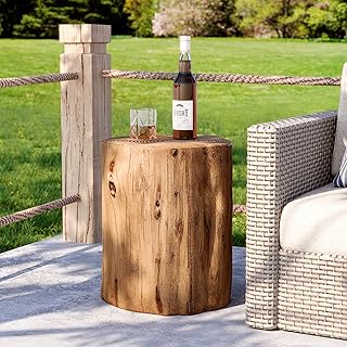 HOMPUS Concrete Outdoor Side Table Tree Stump Modern Round Coffee Table Accent Table Plant Stand Faux Wood End Table Garden Stool for Patio,Home Decor, Living Room(Light Oak)