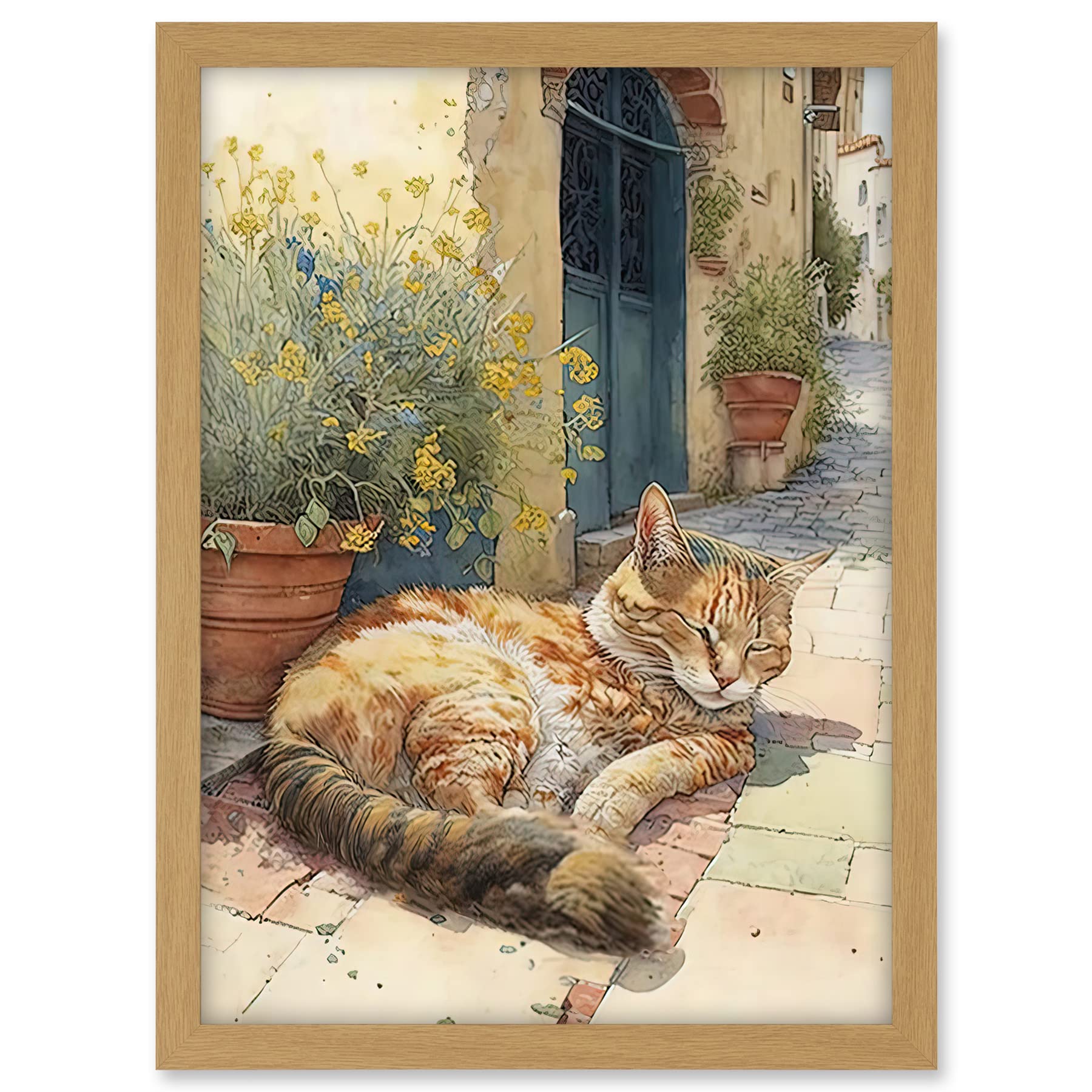 Artery8 Cat Sunbathing in Mediterranean Village Street Watercolour Illustration Artwork Framed A3 Wall Art Print