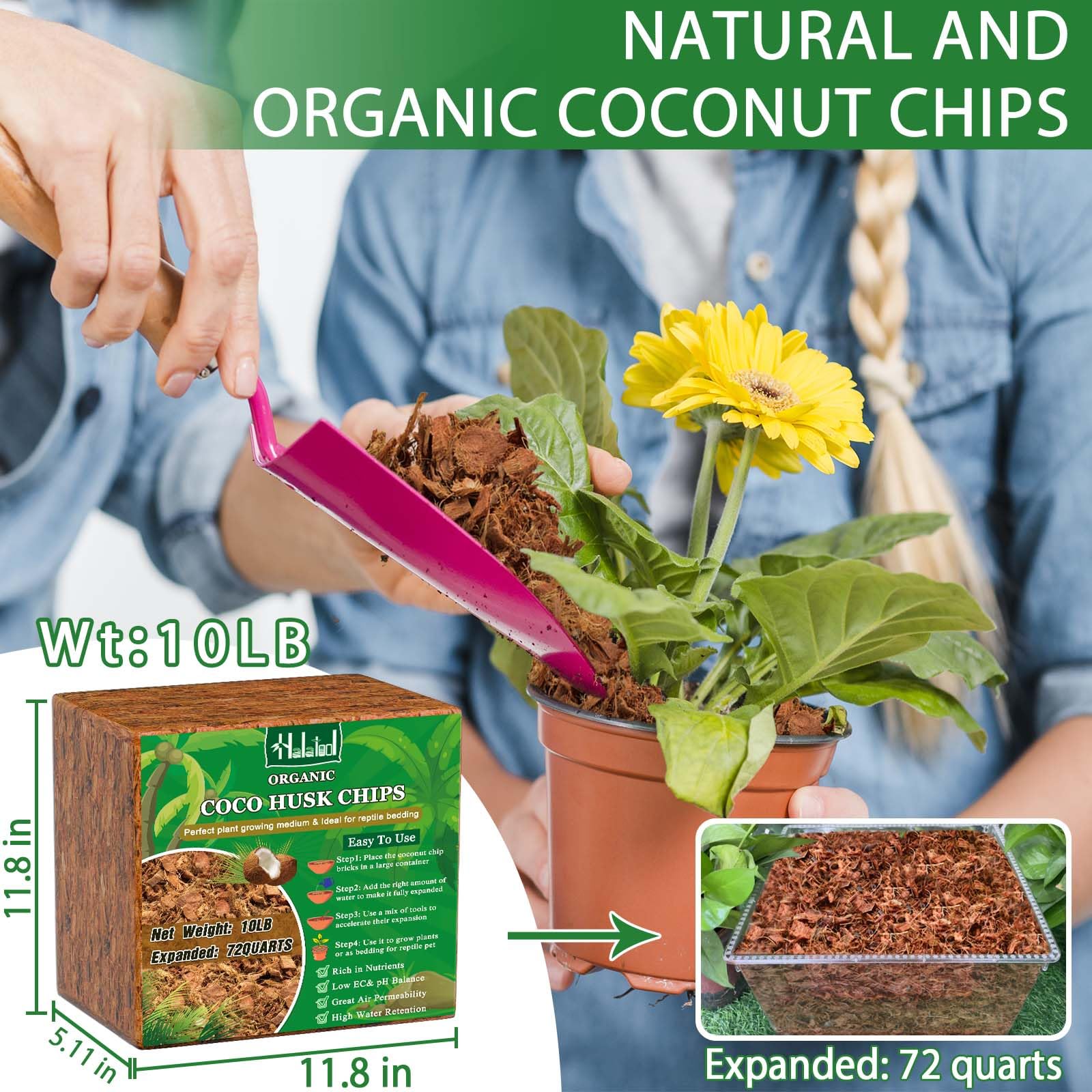 Halatool Chips de coco comprimidos de 10 libras, 100 % natural y orgánico, chips de cáscara de coco para plantas, flores, jardín