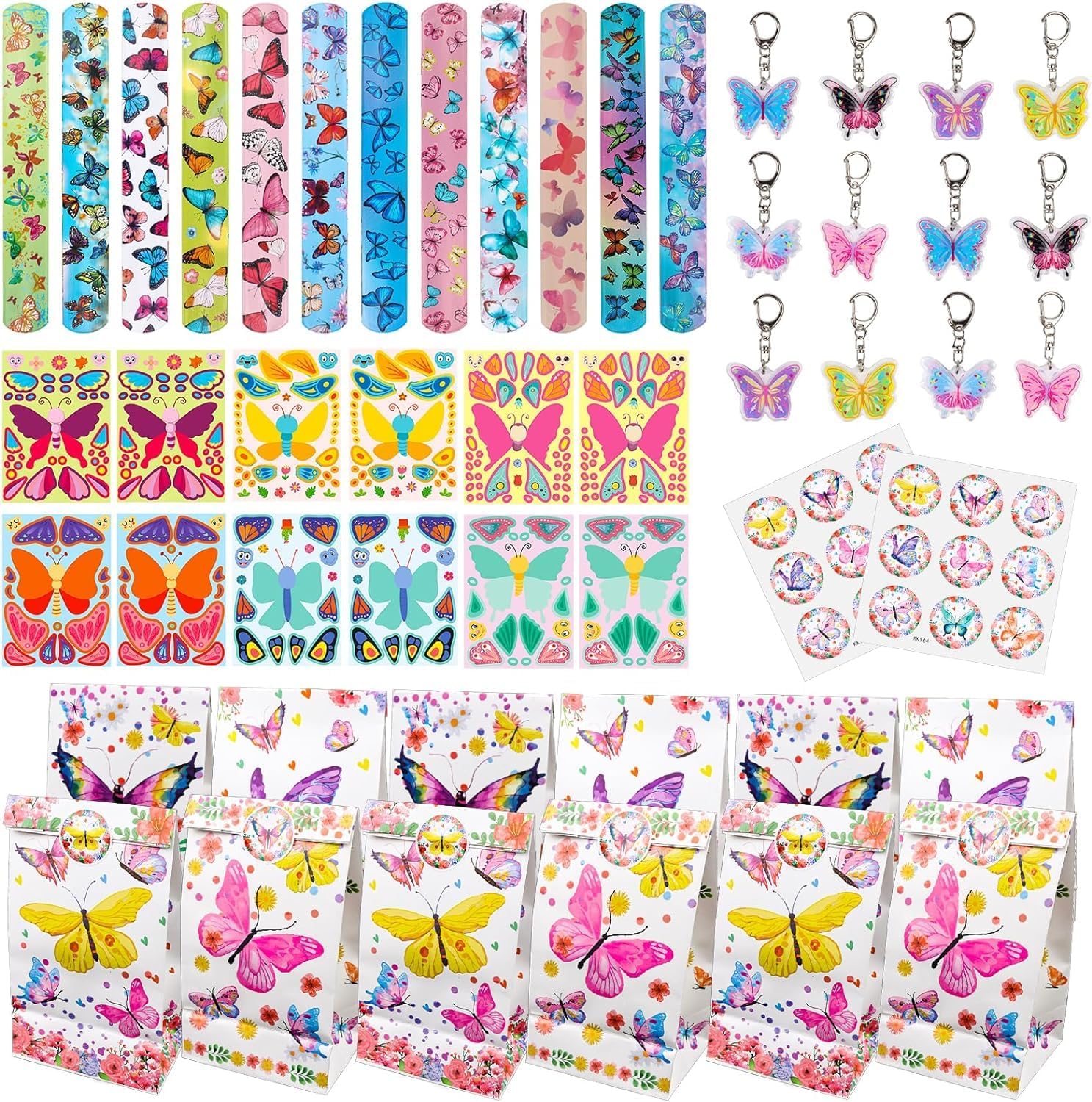 Set di Articoli per Feste con Farfalle, 48 Pezzi per Feste di Compleanno Bambini, Sacchetti Regalo con Farfalle, Braccialetti Snap, Portachiavi, Adesivi, Regali per Feste di Compleanno