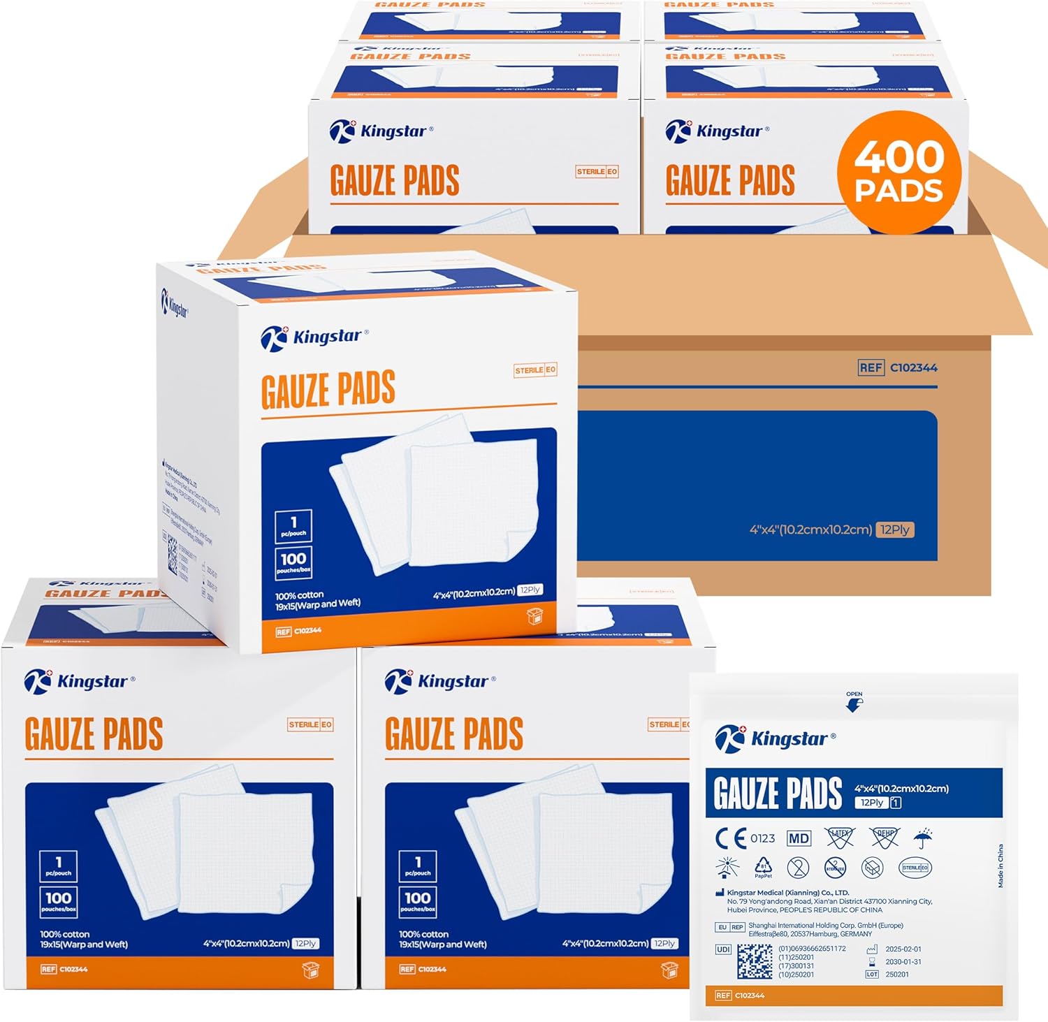 400 Packs Sterile Gauze Pads 4x4 Inch 12-Ply, 100% Cotton Large Gauze Sponges for Wound Care, Highly Absorbent Bulk Hospital-Grade First Aid & Surgical Dressing