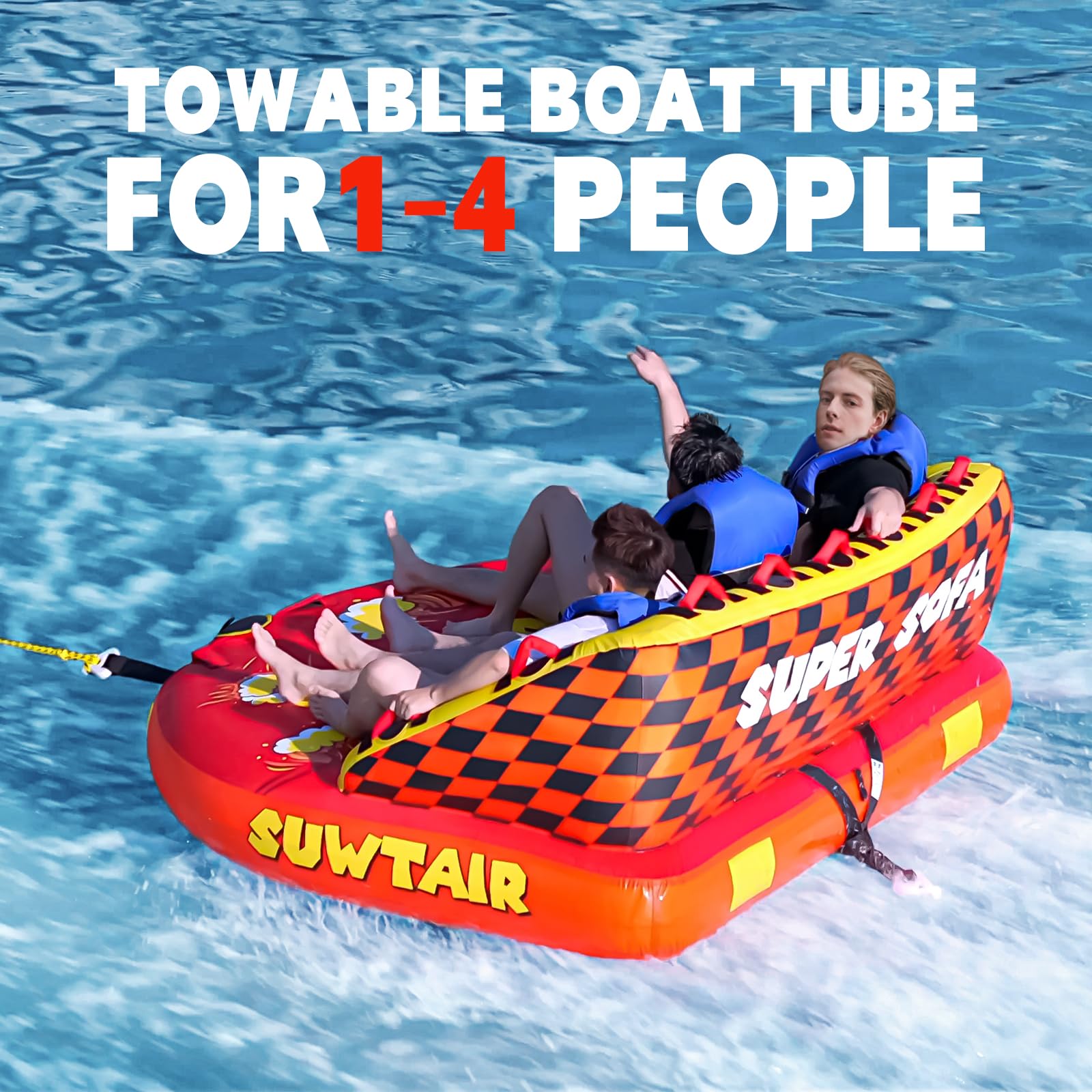 Towable 3 Person Boat Tube – Super Sofa Inflatable Tube For Water Sports, Heavy Duty Nylon Cover