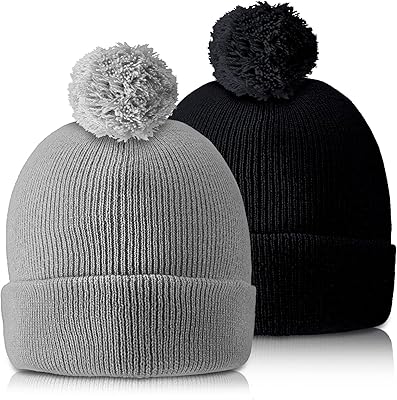 2 Pieces Pom Beanie Winter Hat Pom Knit Hat Beanies with Ball at Top Acrylic Winter Cap with Cuff and Pom (Gray, Black)