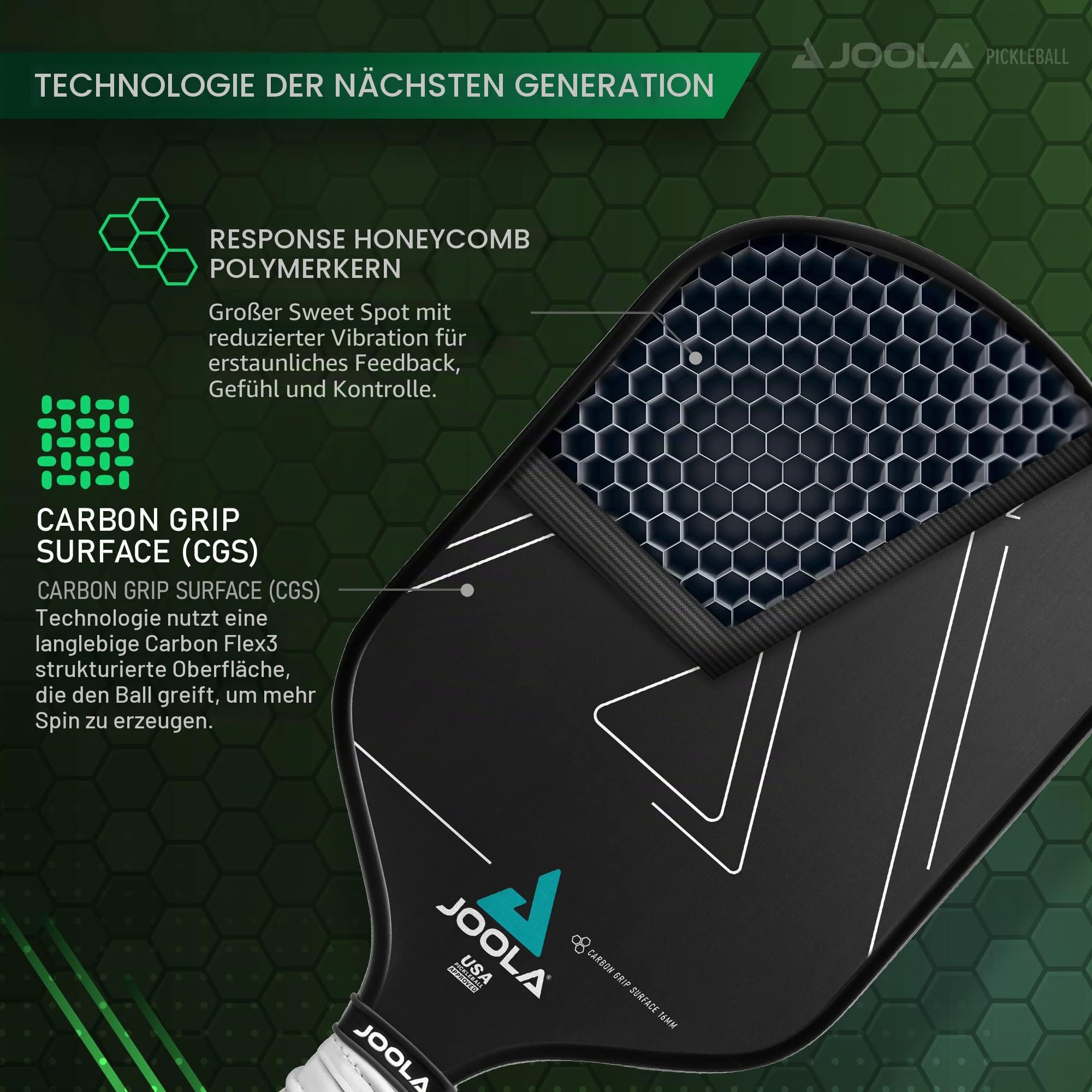 JOOLA Vision Pickleball-Paddel mit strukturierter Carbon-Grip-Oberflächentechnologie für maximalen Spin und Kontrolle mit zusätzlicher Kraft – Pickleballschläger aus Polypropylen, Waben-Kern,