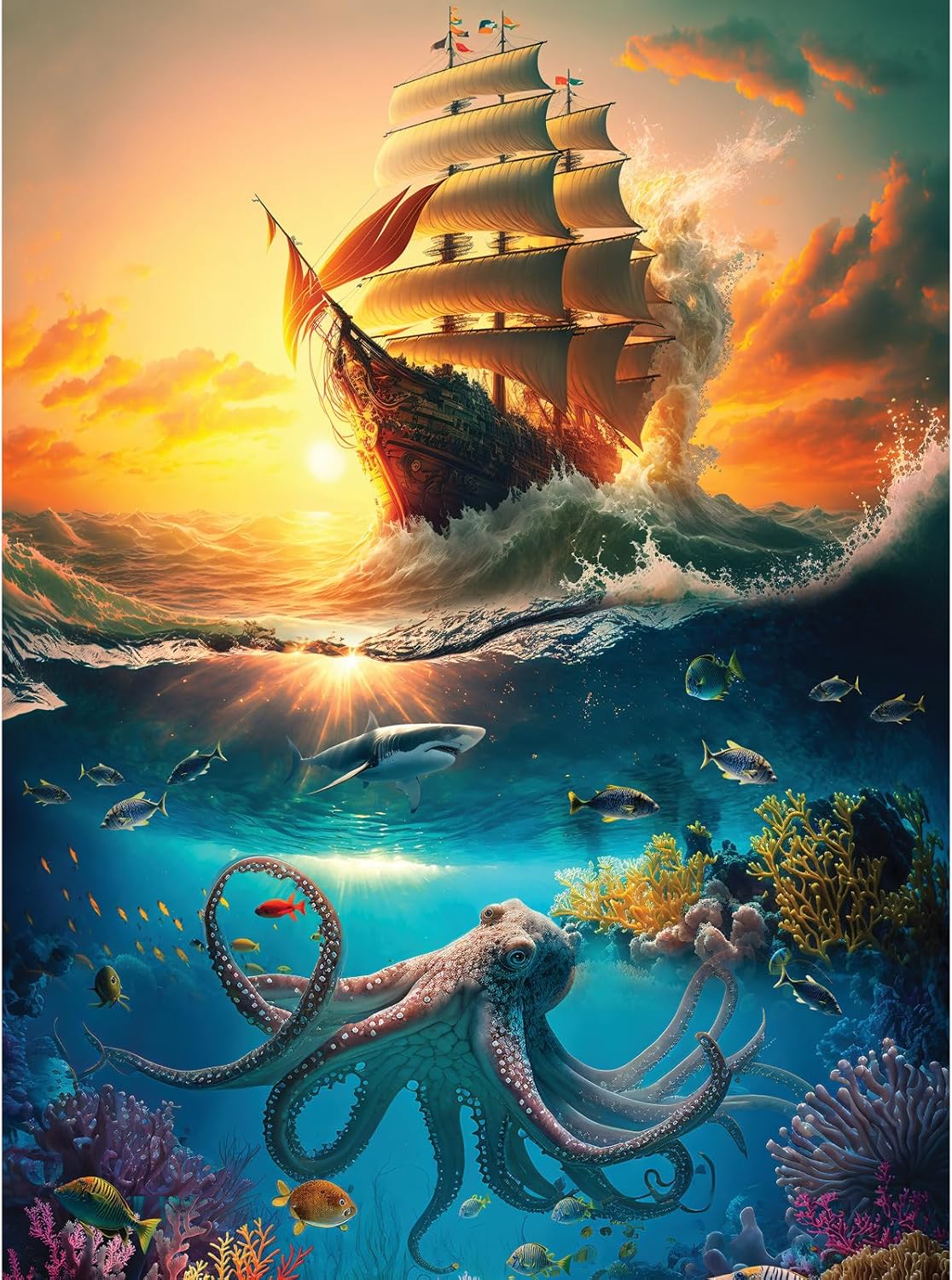 Bits and Pieces – The Flying Dutchman Jigsaw Puzzle for Adults – Ghost Ship and Ocean Adventure with Octopus by Ray Heere (1000 Piece Puzzle 20" x 27")