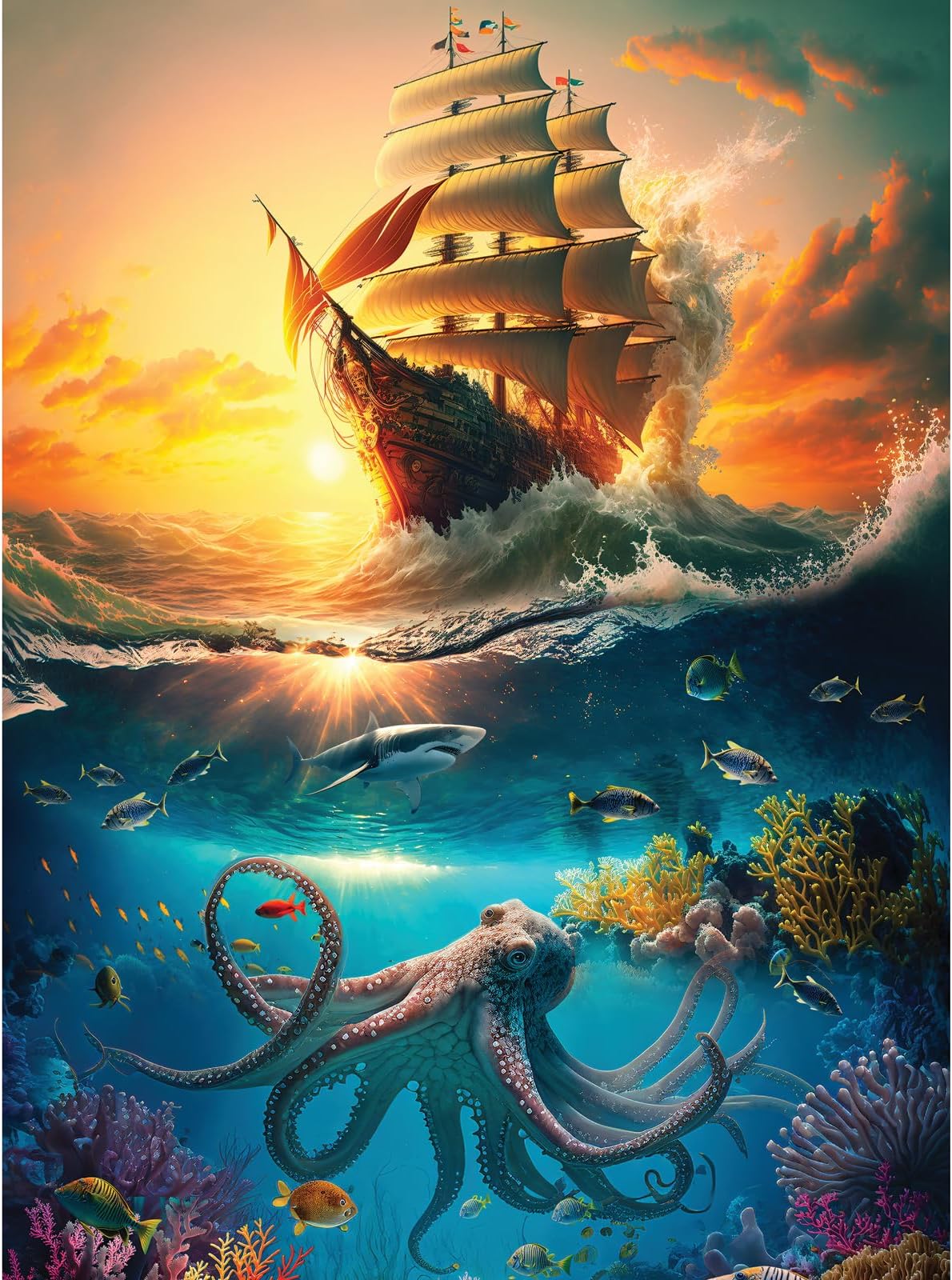 Bits and Pieces - 1000 Piece Jigsaw Puzzle for Adults - 20" x 27" - The Flying Dutchman - 1000 pc Seven Seas Ship Octopus Jigsaw by Ray Heere