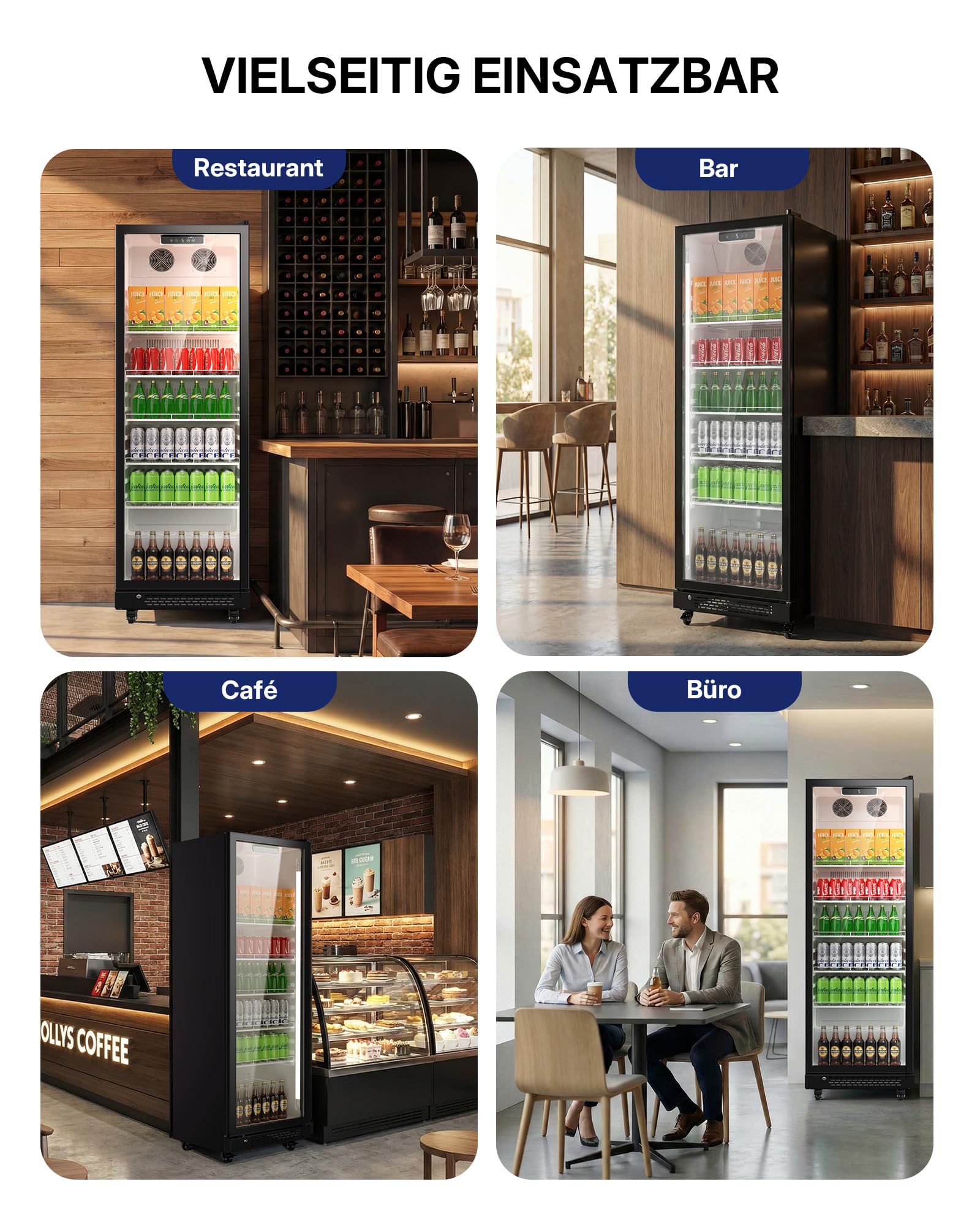 Upstreman 345L Getränkekühlschrank mit Glastür, LED-Beleuchtung, höhenverstellbaren Regalen, Sicherheitsschloss, Lenkrollen, D345 Schwarz