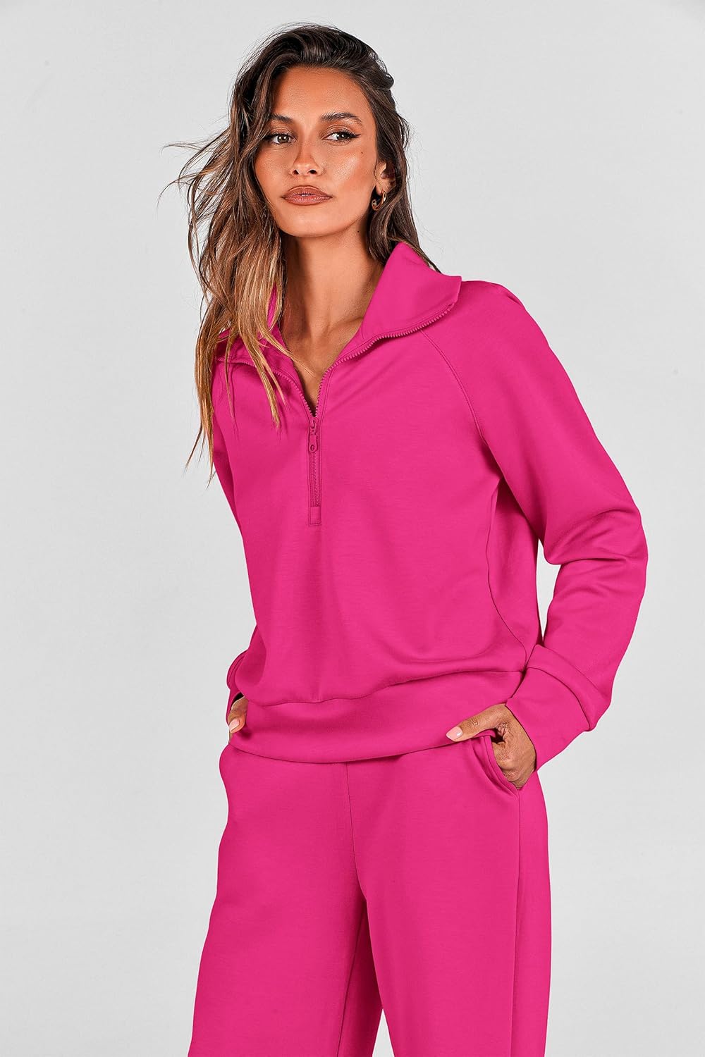 PRETTYGARDEN Women's 2 Piece Outfits Casual Lapel Half Zip Sweatshirts and Wide Leg Pants Tracksuit Sets - Image 3