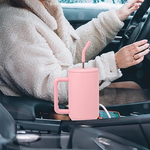 Miniatura 6 de Vaso de 40 onzas con asa y popote que se mantiene frío durante 34 horas, a prueba de fugas, doble pared aislada al vacío, taza de viaje grande de