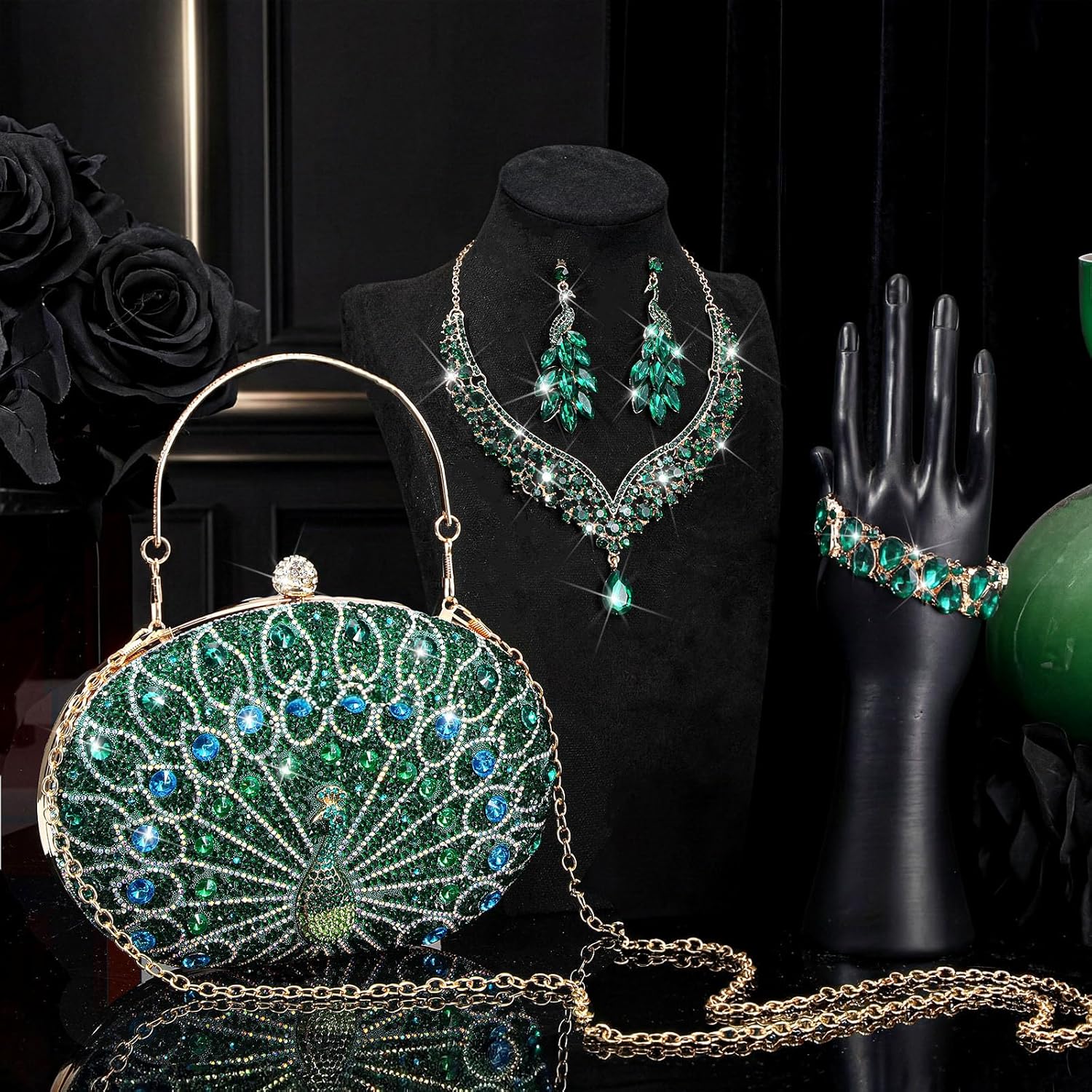 Quelay ​​​​4 Pcs Purse Rhinestone Jewelry Set for Wedding Bridal Women Handbag with Necklace Bracelet Dangle Earrings