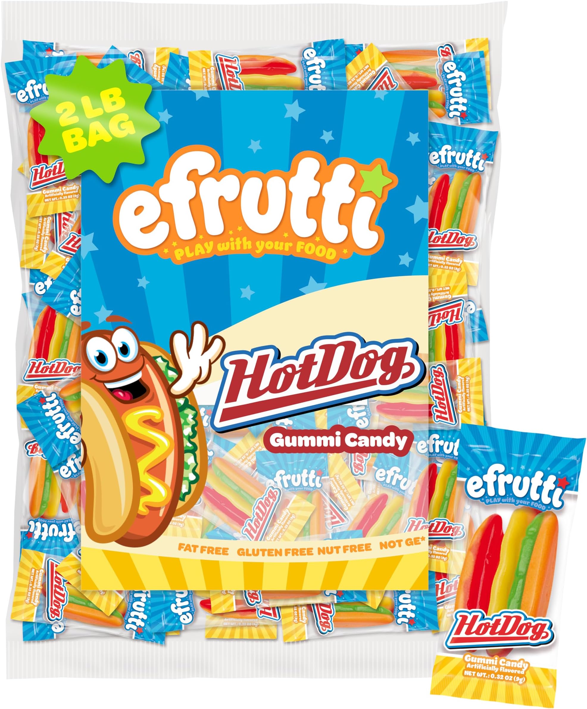 efrutti Mini Hotdogs, Fruity Gummy Candy, Individually Wrapped, 100 Count | 2 lb Bag of Gummi Treats that Kids & Adults Love โ Perfect for Parties