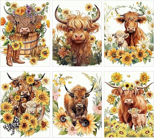 Harloon Paquete de 6 kits de arte de diamantes de vaca de las tierras altas para adultos principiantes vaca 5D primavera verano pintura de diamantes