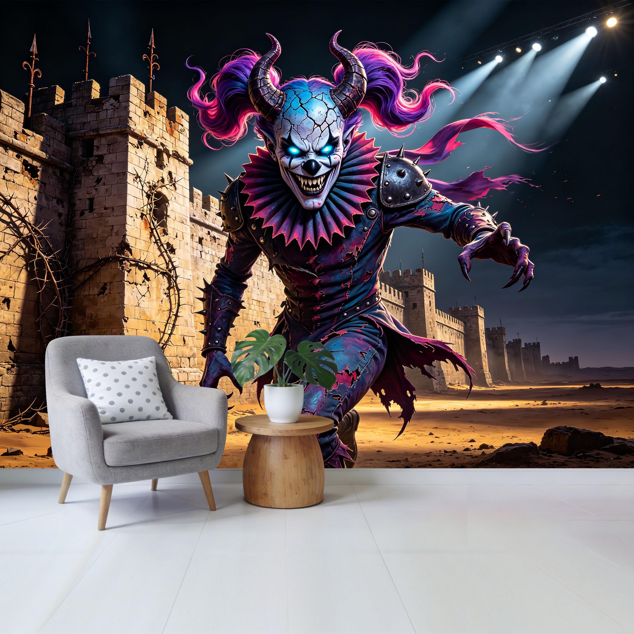 Custom Size Wall Mural Fantasy Dark Jester Castle Ruins 3D Trompe L'Oeil Removable Self Adhesive Fabric， Home Wall Decor for Living Room Bedroom Bathroom