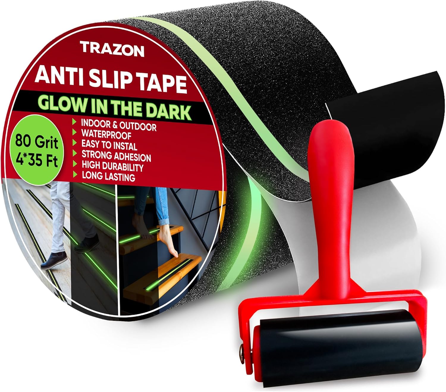 Grip Tape 4 Inch x 35 Feet, Black with Glow in The Dark Strips - with Rubber Tape Roller Heavy Duty Anti Slip Tape for Stairs Outdoor/Indoor Waterproof Safety Non Skid Roll for Stair Steps Treads