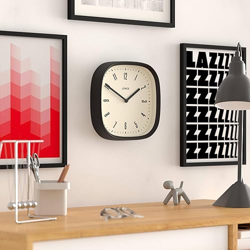Miniatura 5 de JONES CLOCKS Reloj de pared Marvel  Reloj cuadrado redondo retro moderno  10 pulgadas  Negro  Aspecto de diseñador genial para cocina, sala de estar