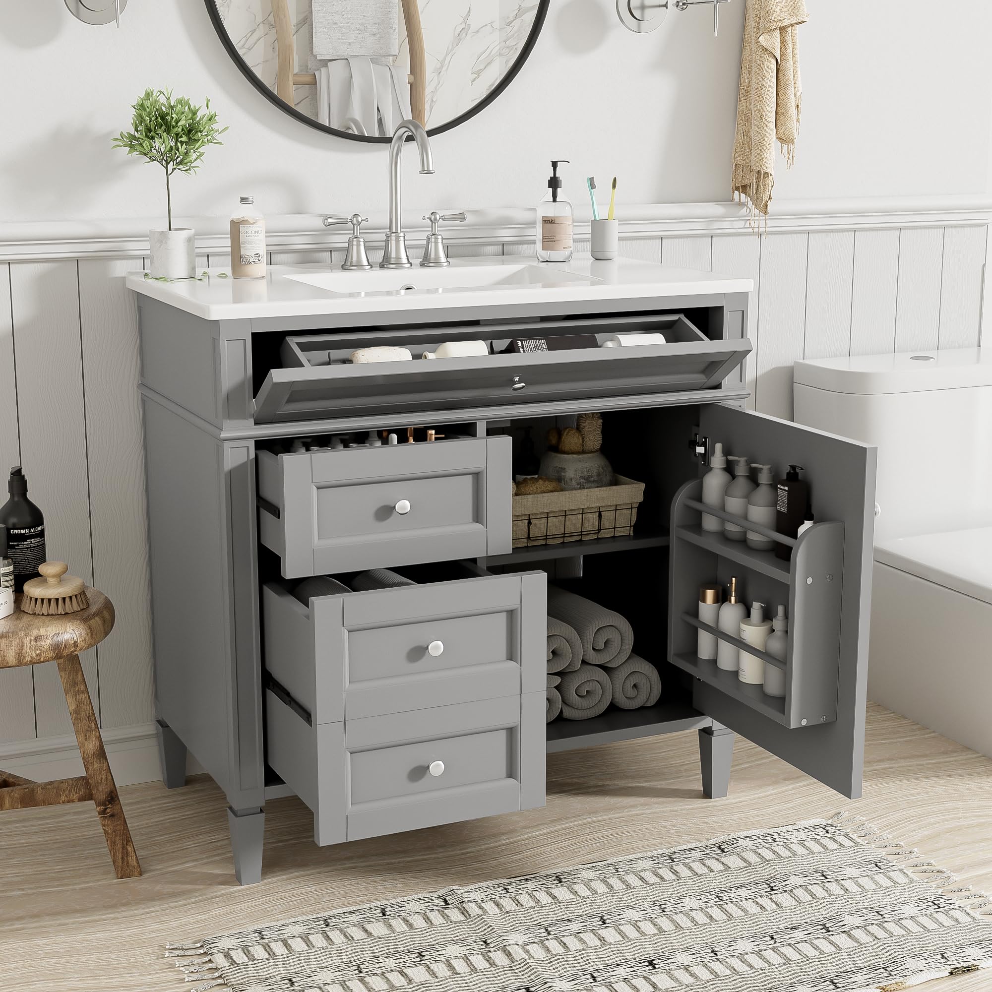 Linique 36" Bathroom Vanity with Sink Combo Set, Solid Wood Frame Modern Bathroom Storage Cabinet with 2 Drawers and a Tip-Out Drawer, Soft Closing