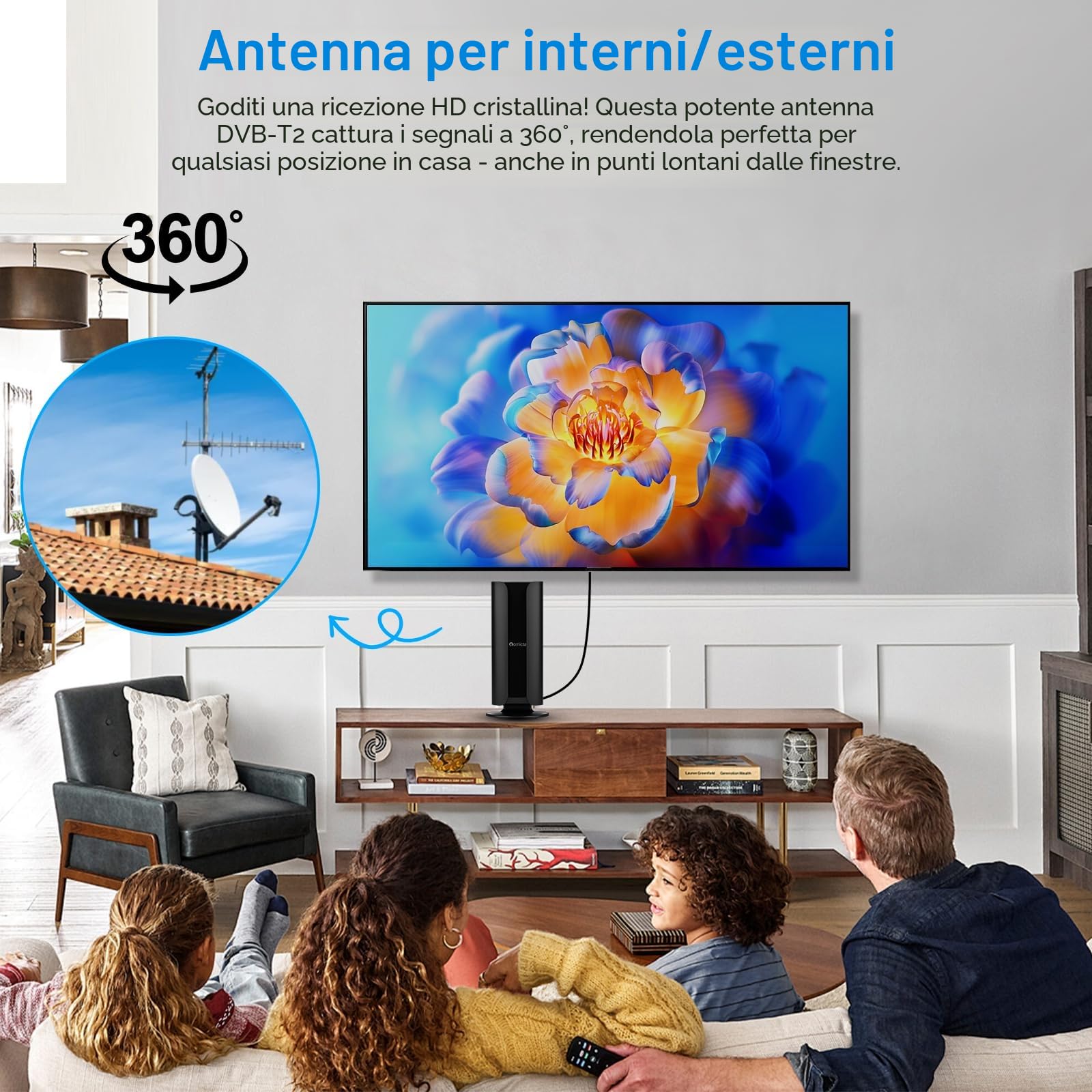Romicta Antenna TV DVB-T2 da Interno con Amplificatore, 360° Ricezione Omnidirezionale, Supporto DVB-T/DVB-T2/DAB/DAB+, Cavo Coassiale 5m, Per Tutti i Televisori