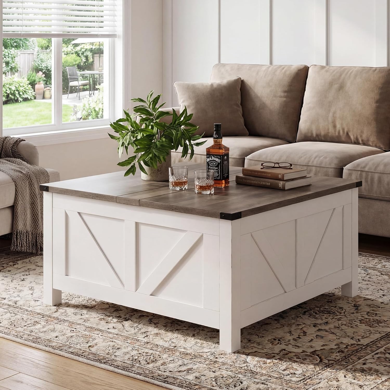 35” Farmhouse Coffee Table with Large Storage, Rustic Wood Lift Top Coffee Table for Living Room, Square Center Table with Charging Station&USB, Modern Port Pottery Barn Lift top Table