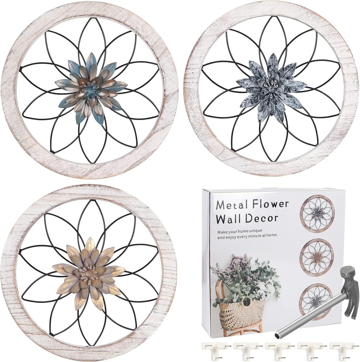 Horse 3 Pieces Ultra-thick Farmhouse Rustic Wall Decor, Wooden Frame Iron Flower Farmhouse Hanging Decoration for Outdoor,Bedroom, Living Room, Bathroom, Kitchen,Indoor