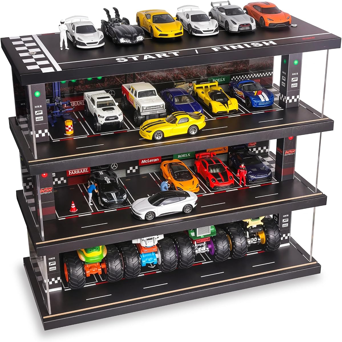 Display Case for Hot Wheels: 4-Level Toy Car Garage with LED Lights | Freestanding Parking Garage Diorama for 1/64 Diecast Cars, Storage Rack with 40 Spots; Cars Not Included