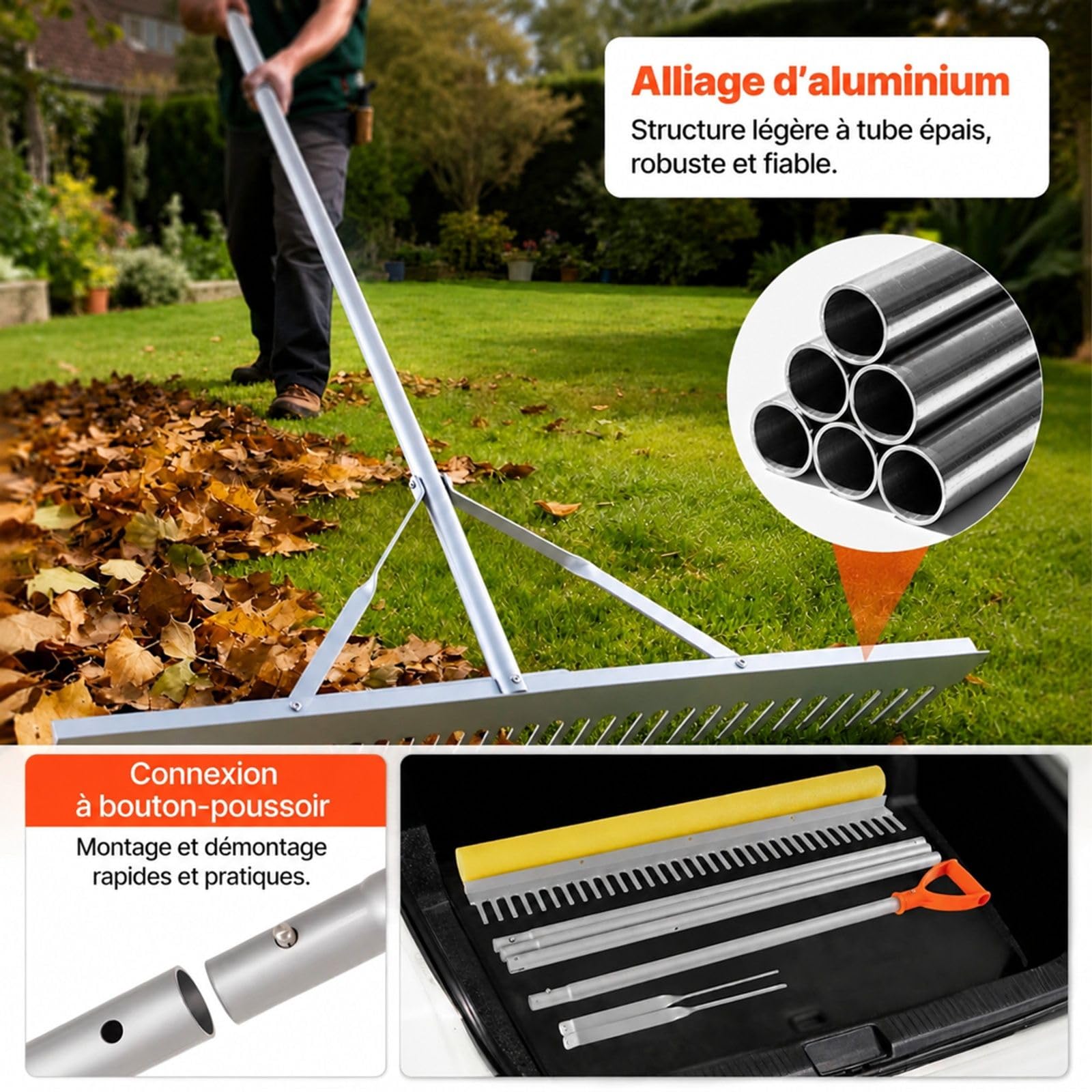 Aluminiumrechen für Laub und Gartenarbeiten, Handwerkzeug mit Stiel für Landschaftsgestaltung, Hof, Teich, Kies, Strand und Rasenpflege