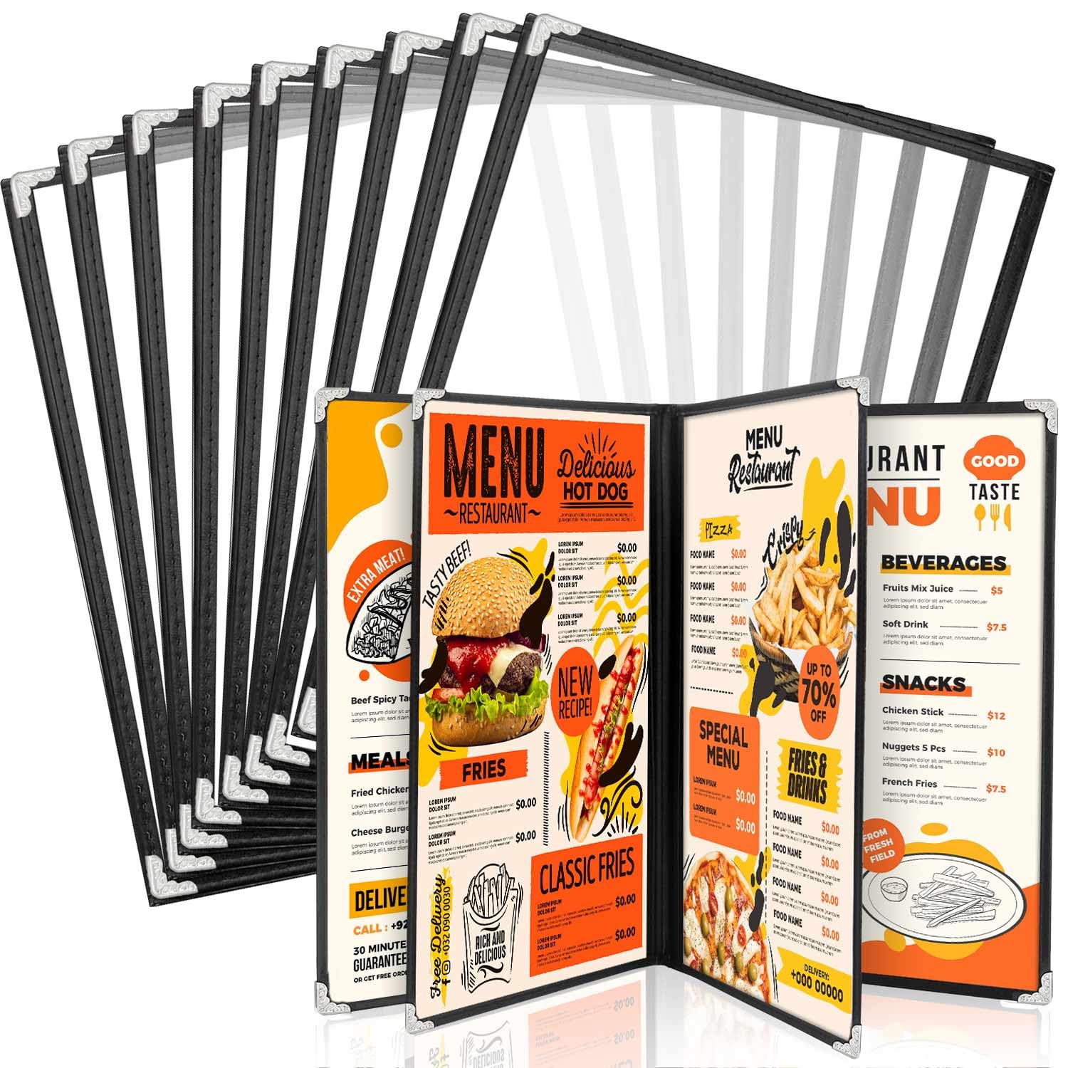 WenYa Lot de 10 couvertures de menu A5, 4 pages, 8 vues de style café, bordure noire, couverture transparente pour menu du vin avec protections d'angle métalliques, compatible avec papier de format A5