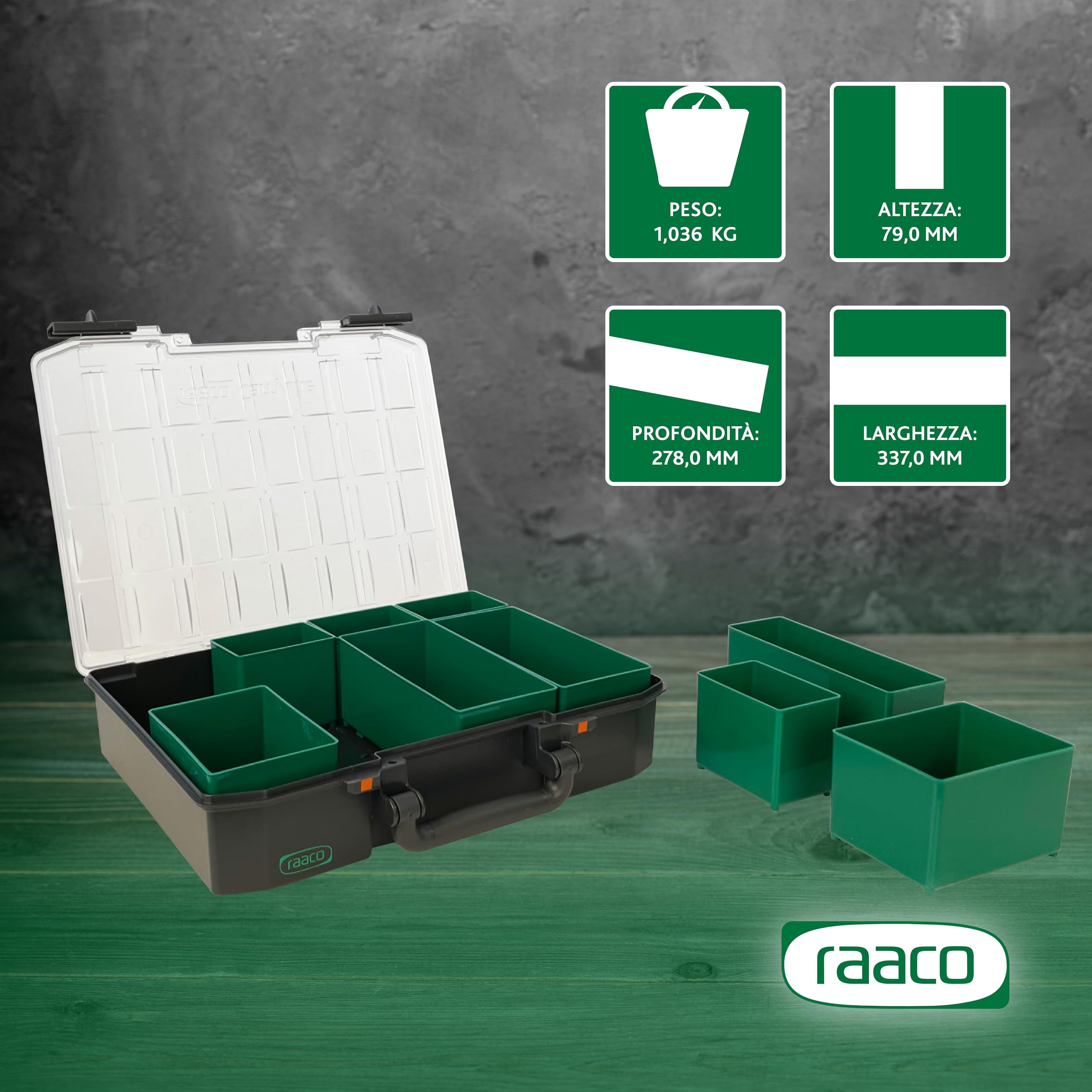 raaco CarryLite 80 4x8-9: Premium Scatola Porta Minuteria per Officina, 9 Scomparti, Cassetta Porta Minuteria, Capacità di Carico 10 kg, Coperchio Trasparente, 27,8 x 33,7 x 7,9 cm