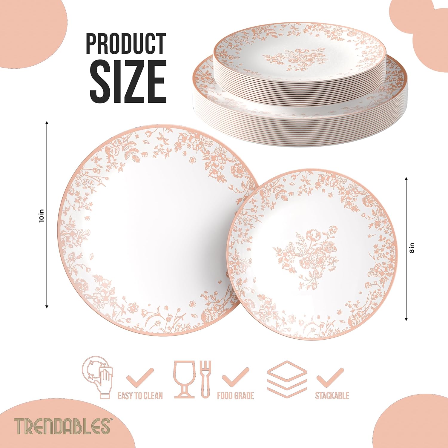 Trendables Disposable Plates For Party Supplies | Pink Floral Plastic Plates For Wedding 40 Pcs - 20 X 8 & 20 X 10 Dinner Plate Sets | Floral Plate Set Disposable Plastic Dinnerware Sets