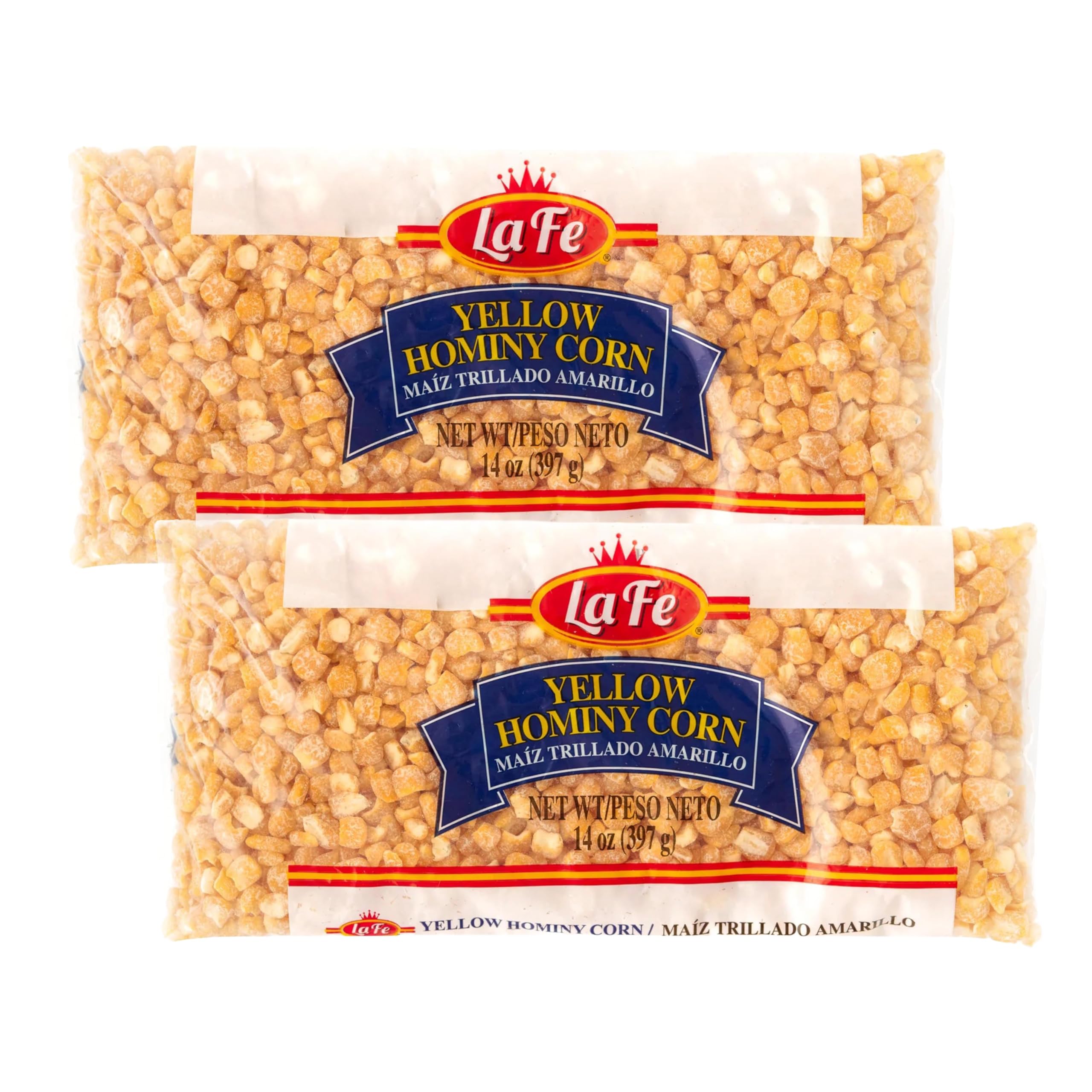 La Fe Yellow Hominy Corn – Maiz Trillado Amarillo, Make Tamales, Arepas & Empanadas, Whole Kernel Perfect for Pozole, Soups, Stews & Homemade Tortillas, Latin Dishes & Meals (2 Pack, 14 Oz Each)