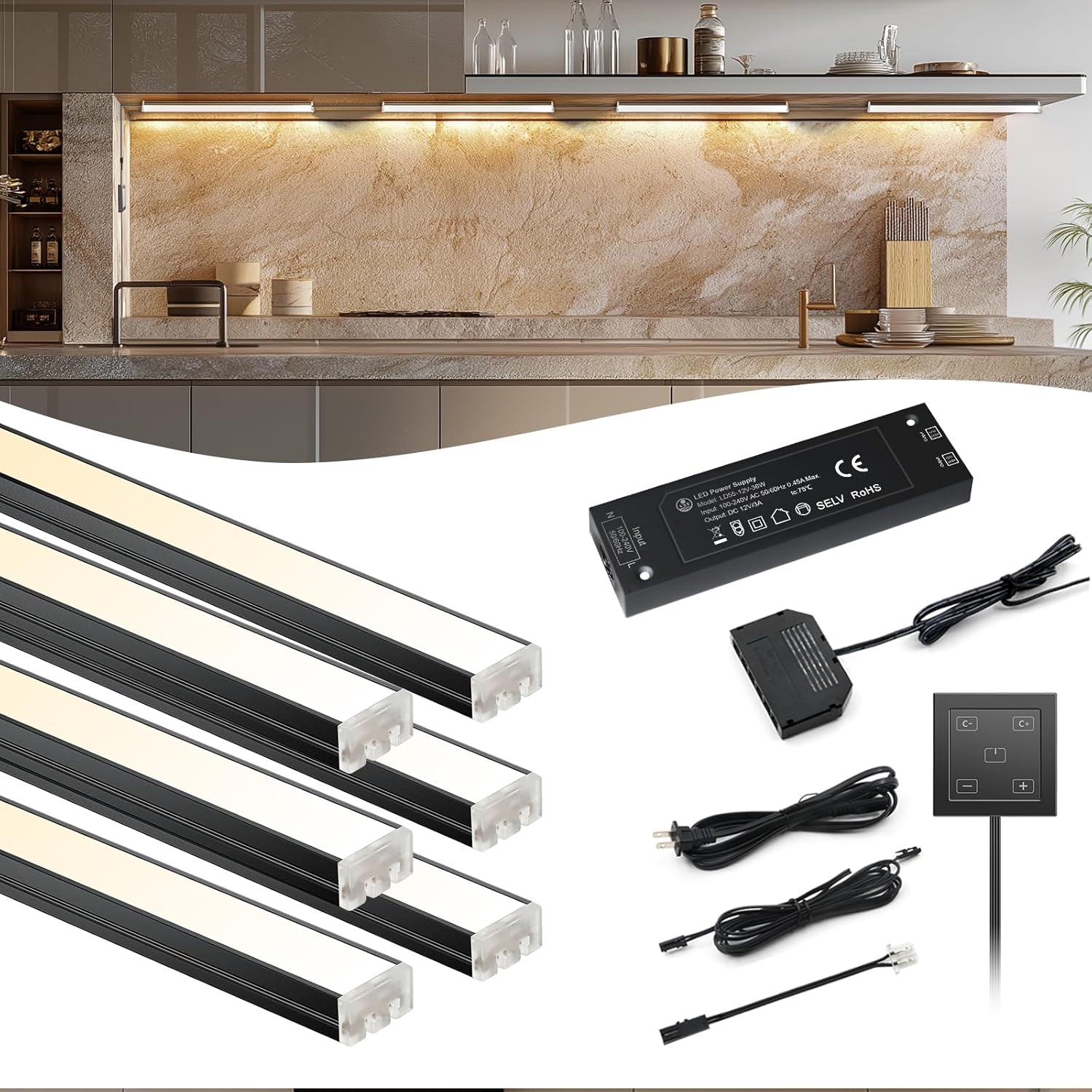 VST Under Cabinet Lighting 6 Pack, Touch Control LED Cabinet Light Bars, Dimmable & Adjustable Color Temperature 2700K-6500K, Ultra Thin Linkable Under Counter Lights for Kitchen, Closet & Display