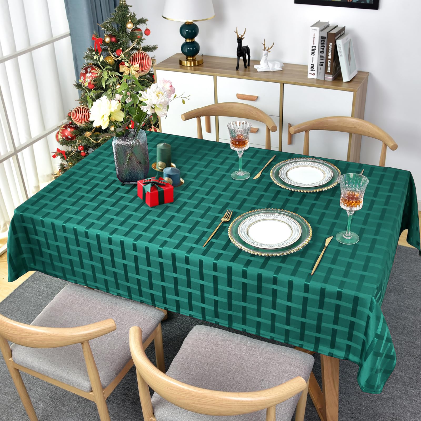SASTYBALE Christmas Rectangle Tablecloth Spillproof Wrinkle Resistant Vintage Table Cloth Checkered Fabric Table Cover for Kitchen Banquet Party Tabletop Use (Oblong,132 x 132cm (2-4 Seats),Green) - Image 3