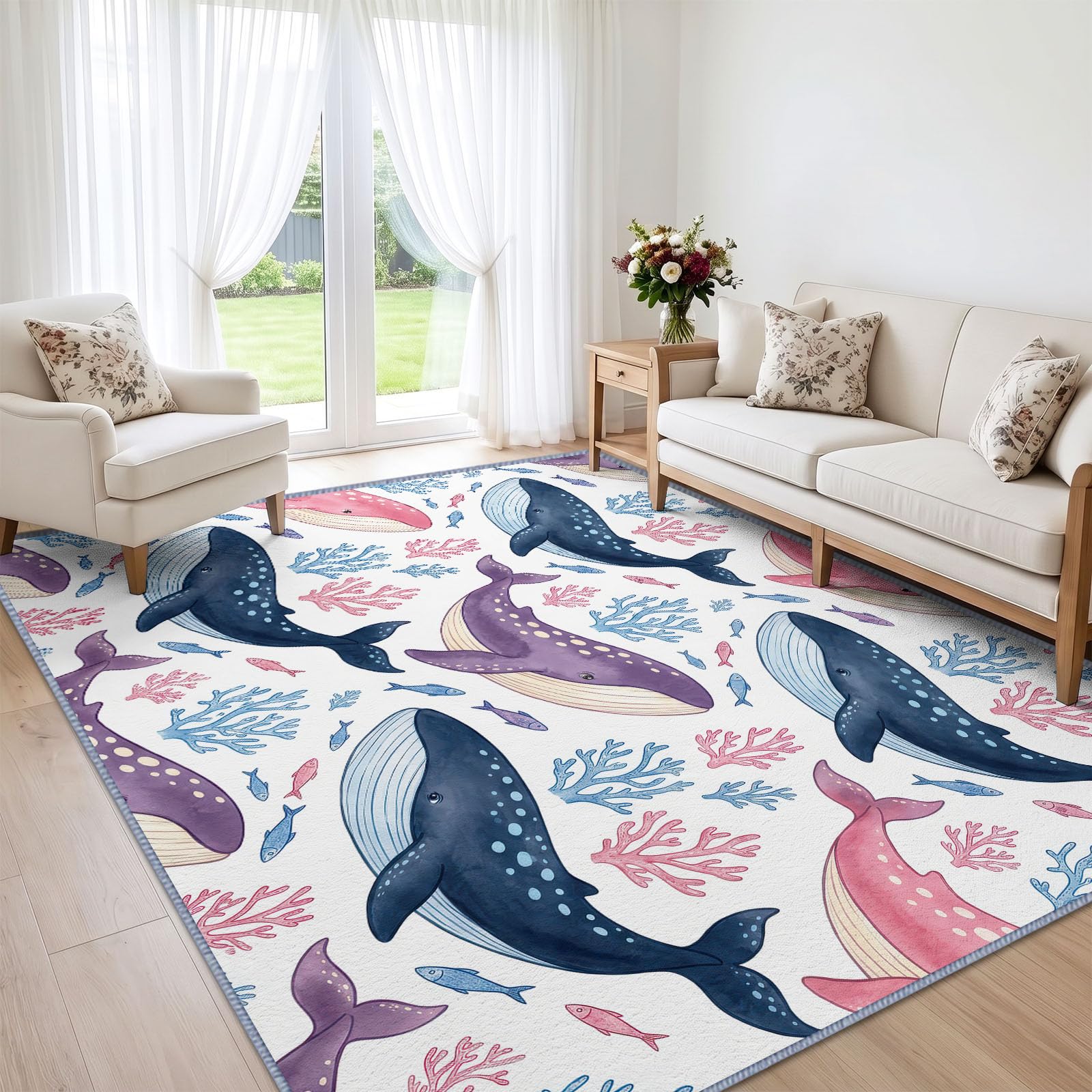 Générique Lavable en Machine Tapis Salon 80x156 cm, Baleine Corail Antidérapant à Poil Ras Tapis, Ludique Dessin Animé Écologique pour Salle à Manger Couloir Chambre Bureau