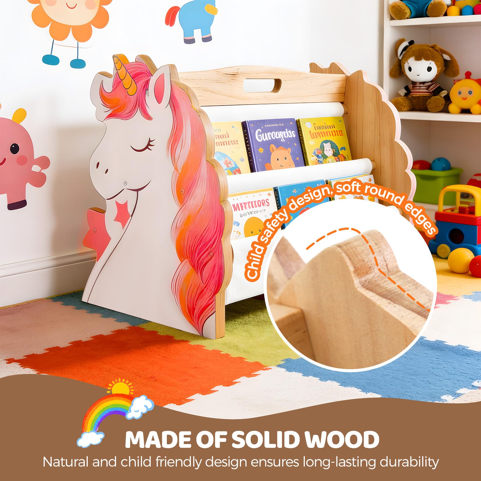 Libreria per bambini in legno a 2 ripiani, Libreria Montessoriana per Bambini, Scaffalatura Espositore da Cameretta, organizer per libri con maniglia, scaffale organizer per Cameretta e Stanza (02)