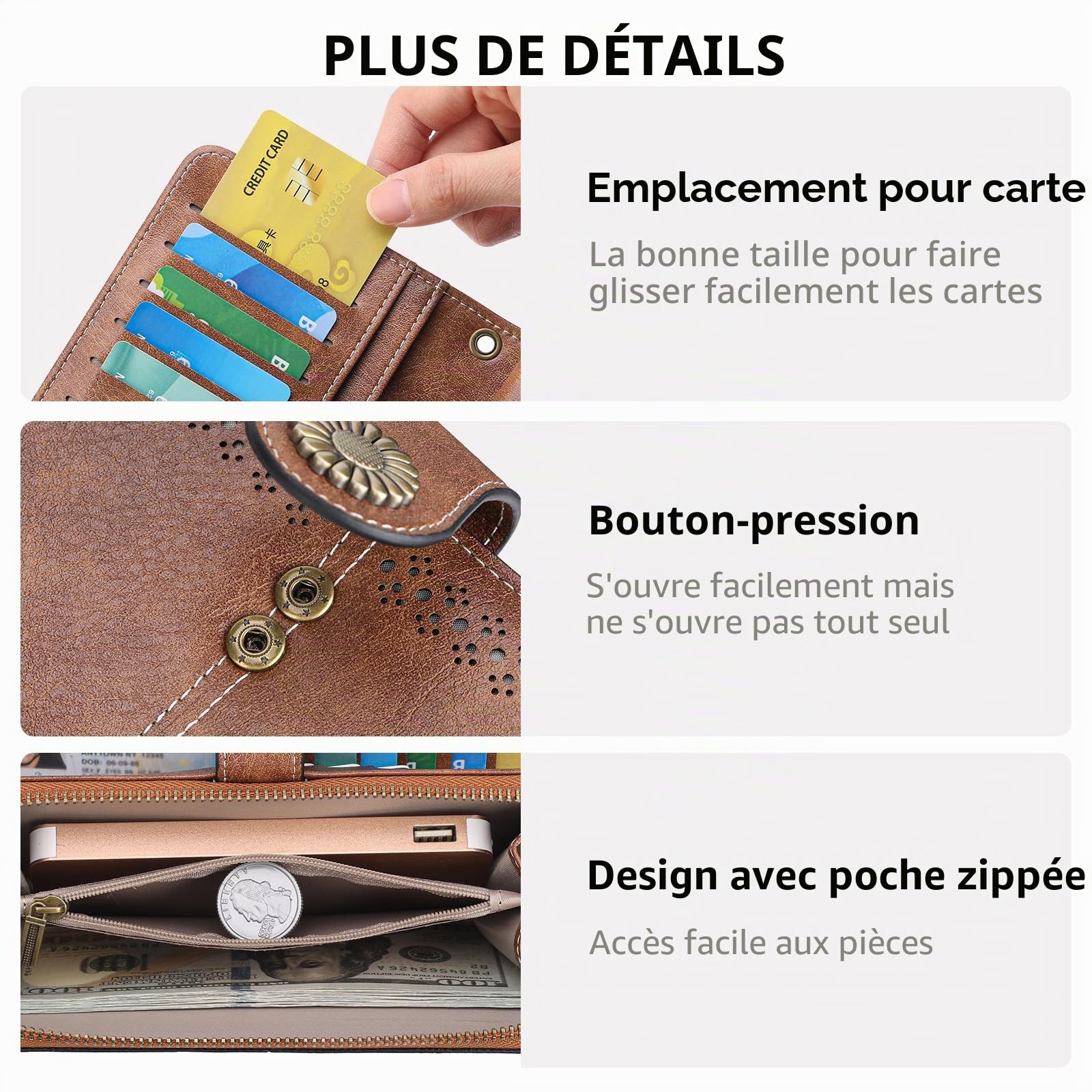 SENDEFN Portefeuille Femme, Grande Capacite Femme Portefeuille avec Blocage RFID Porte Monnaie avec Plusieurs Emplacements pour Cartes Long Portefeuille en Cuir