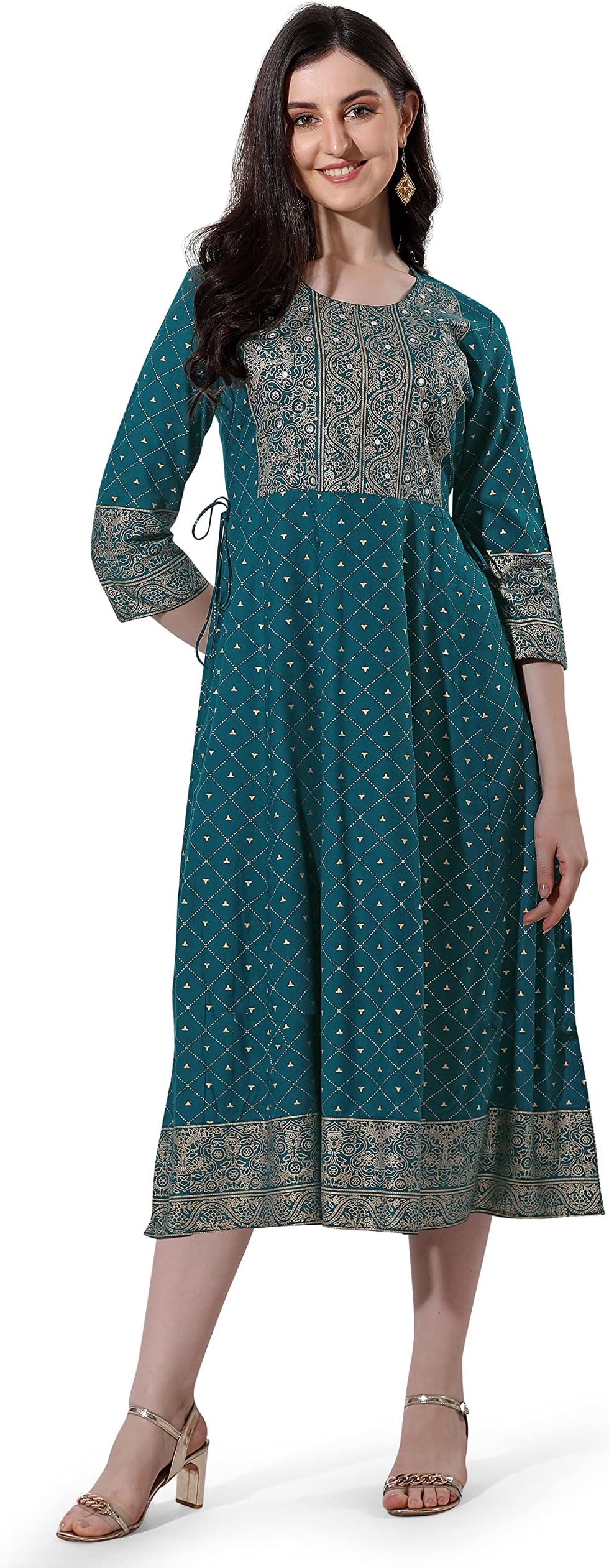 MIRCHI FASHIONWomen's Cotton Relaxed Fit A Line Sequins Embroidery Work Foil Printed A-Line Kurti Only