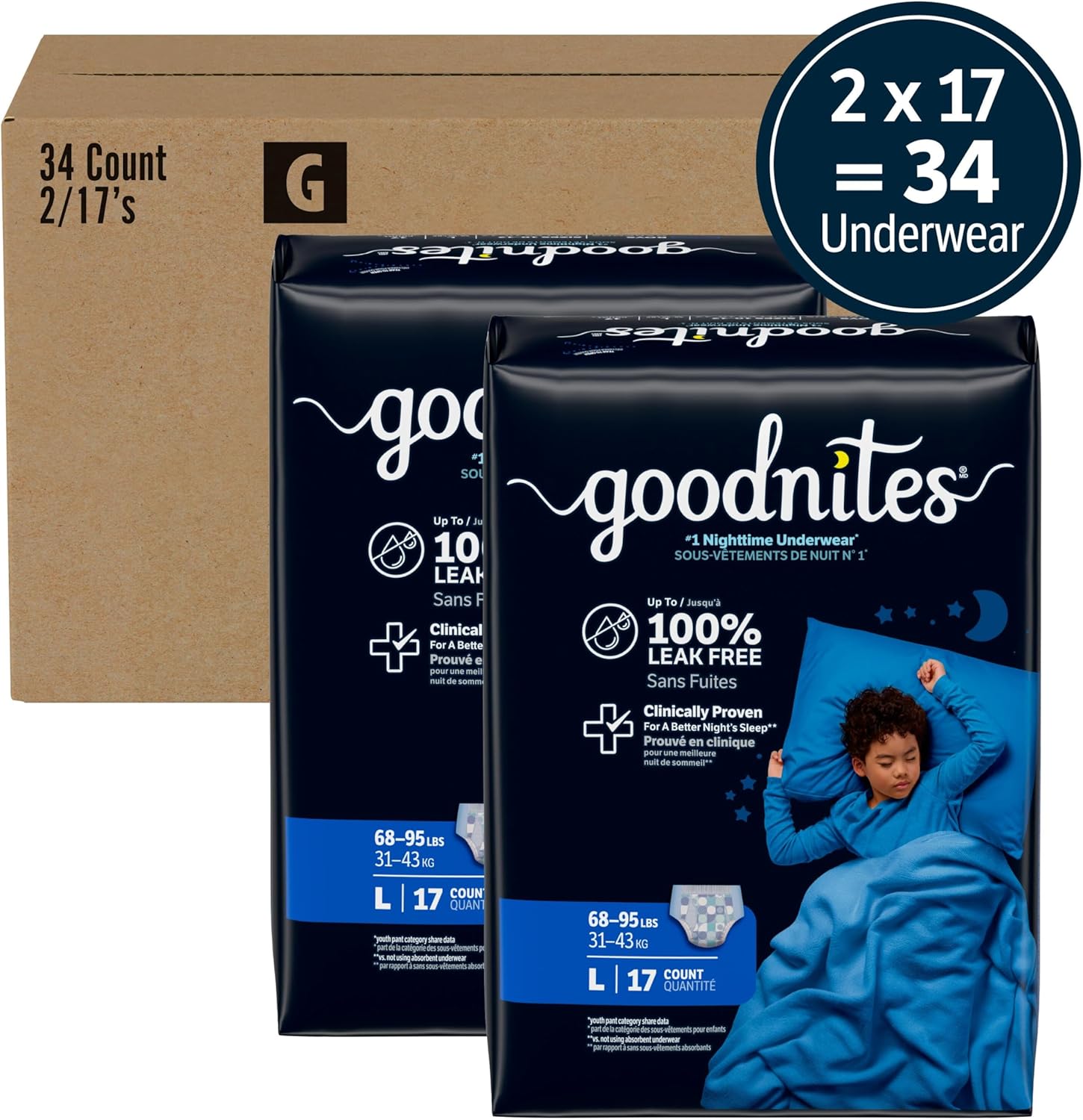 Goodnites Boys' Nighttime Bedwetting Underwear, Size Large (68-95 lbs), 34 Ct (2 Packs of 17), Packaging May Vary Large 34