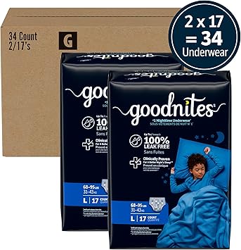 Goodnites Boys' Nighttime Bedwetting Underwear, Size Large (68-95 lbs), 34 Ct (2 Packs of 17), Packaging May Vary