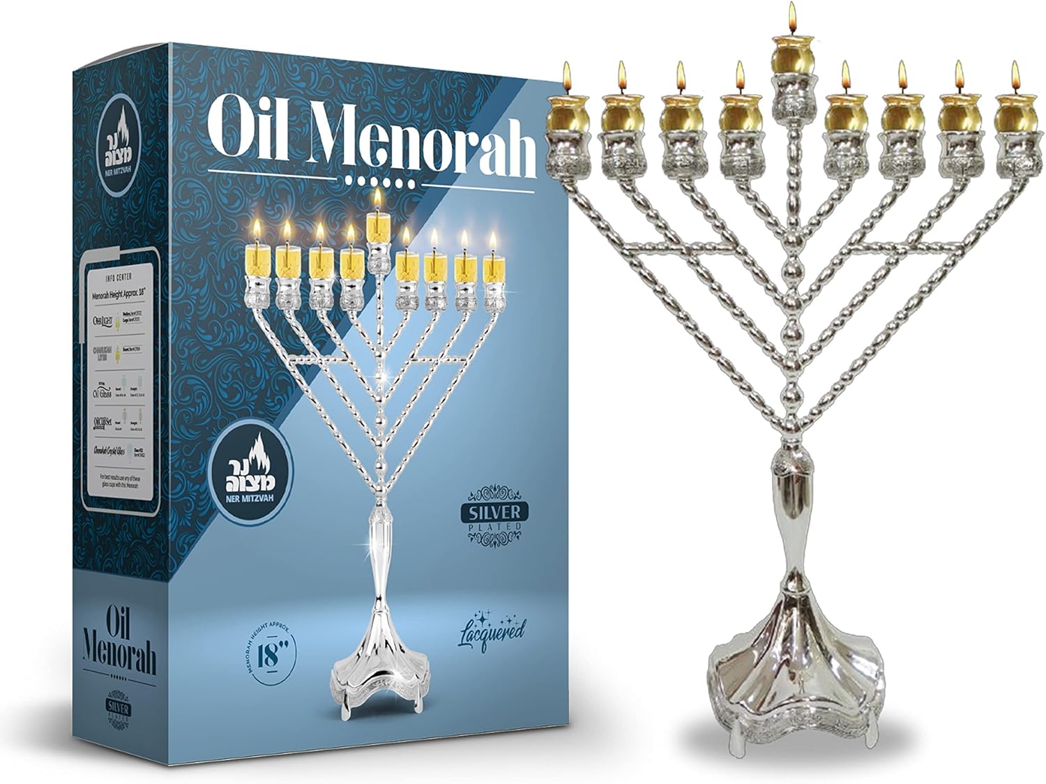 Review Silver Plated Oil Menorah - Fits Standard Chanukah Oil Cups and Large Candles - Olive Branches - 18” High - by Ner Mitzvah