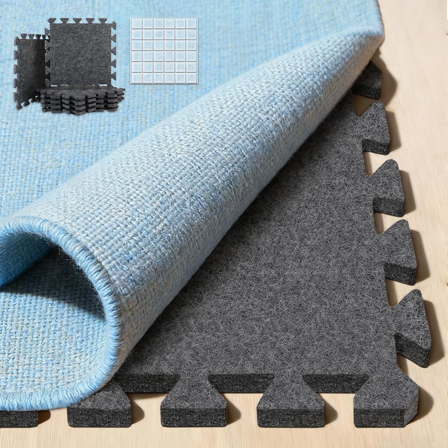 BXI Soundproof Interlocking Rug Pad 24 Pcs, 11x 11 x 0.32 inches Non Slip Rug Pads, High Density Noise Reduction Puzzle Felt Carpet Padding, Rug Mat Protects and Adds Cushion for Hardwood Floor