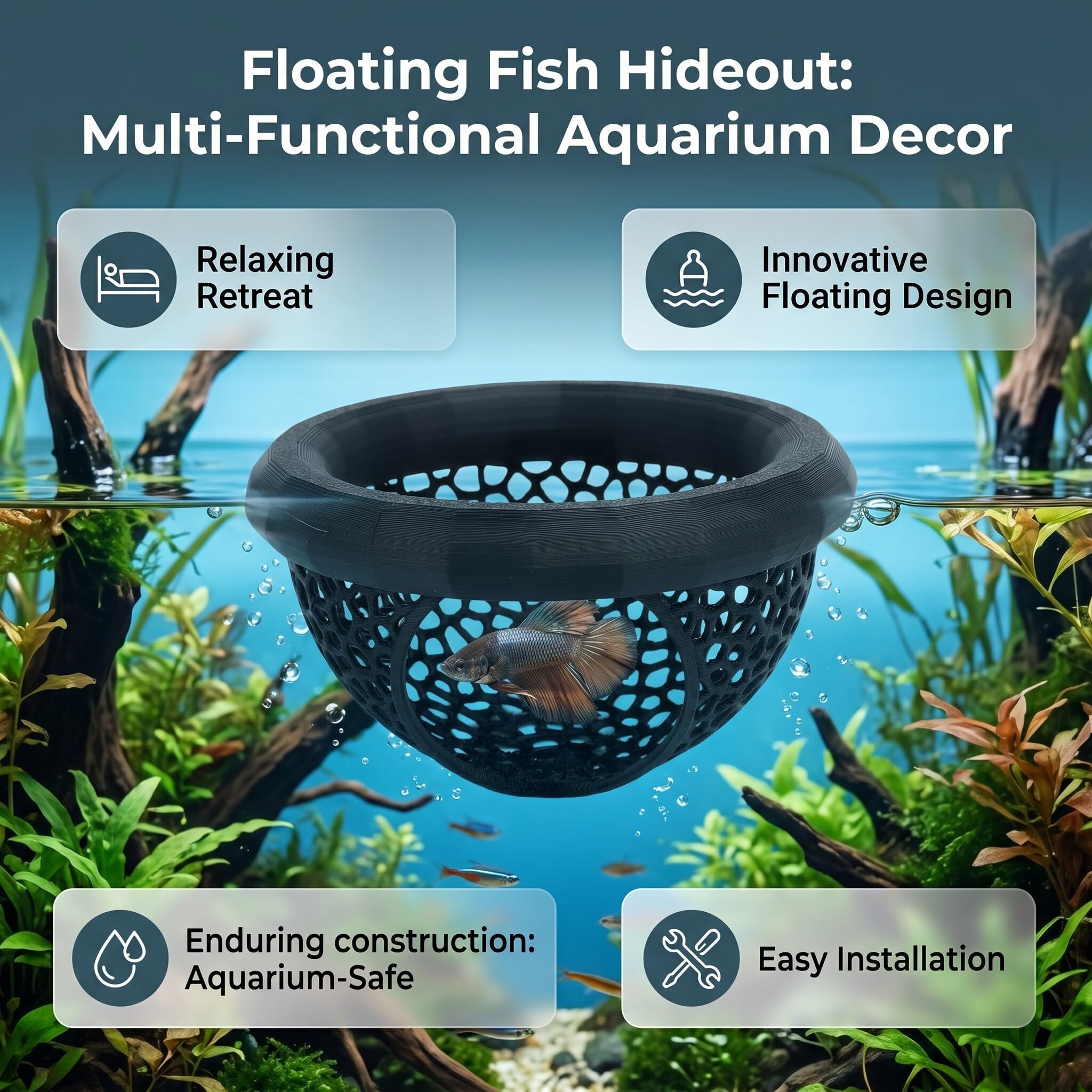 Zerodis Dekoracja Akwarium Akwaspape Dostarcza Kompaktowe Ryby Pływające Cave Aquarium Float Bedta Betta Play Side Hammock Fish Krewetki Pływające Schronienie do Zabawy (BLACK)