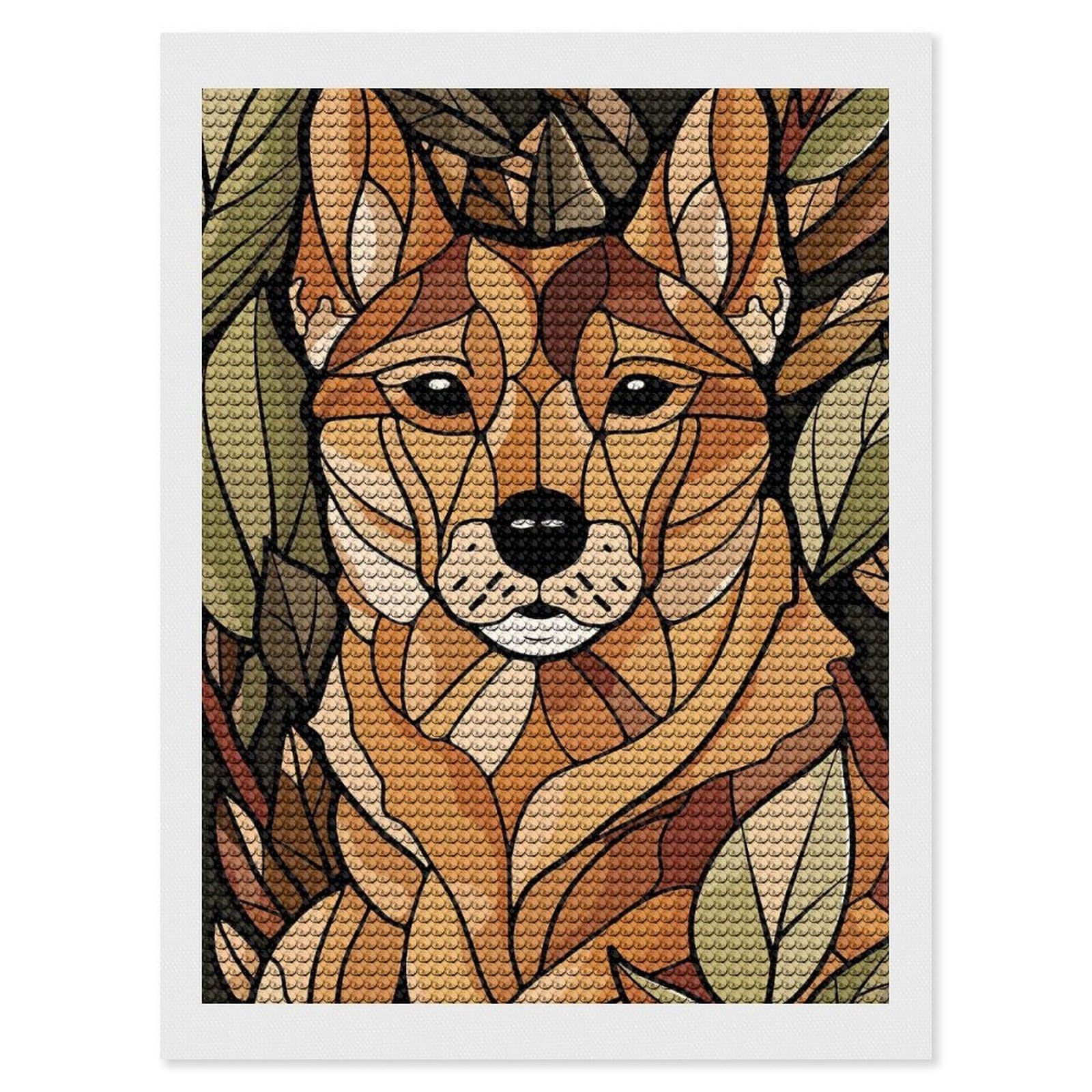 Junmoney Stylized Dog Portrait with Leaves Round Drill Diamond Painting 12"x16", for Craft Lovers, Stress Relief Craft, Bedroom Decor, Festive Craft Gift