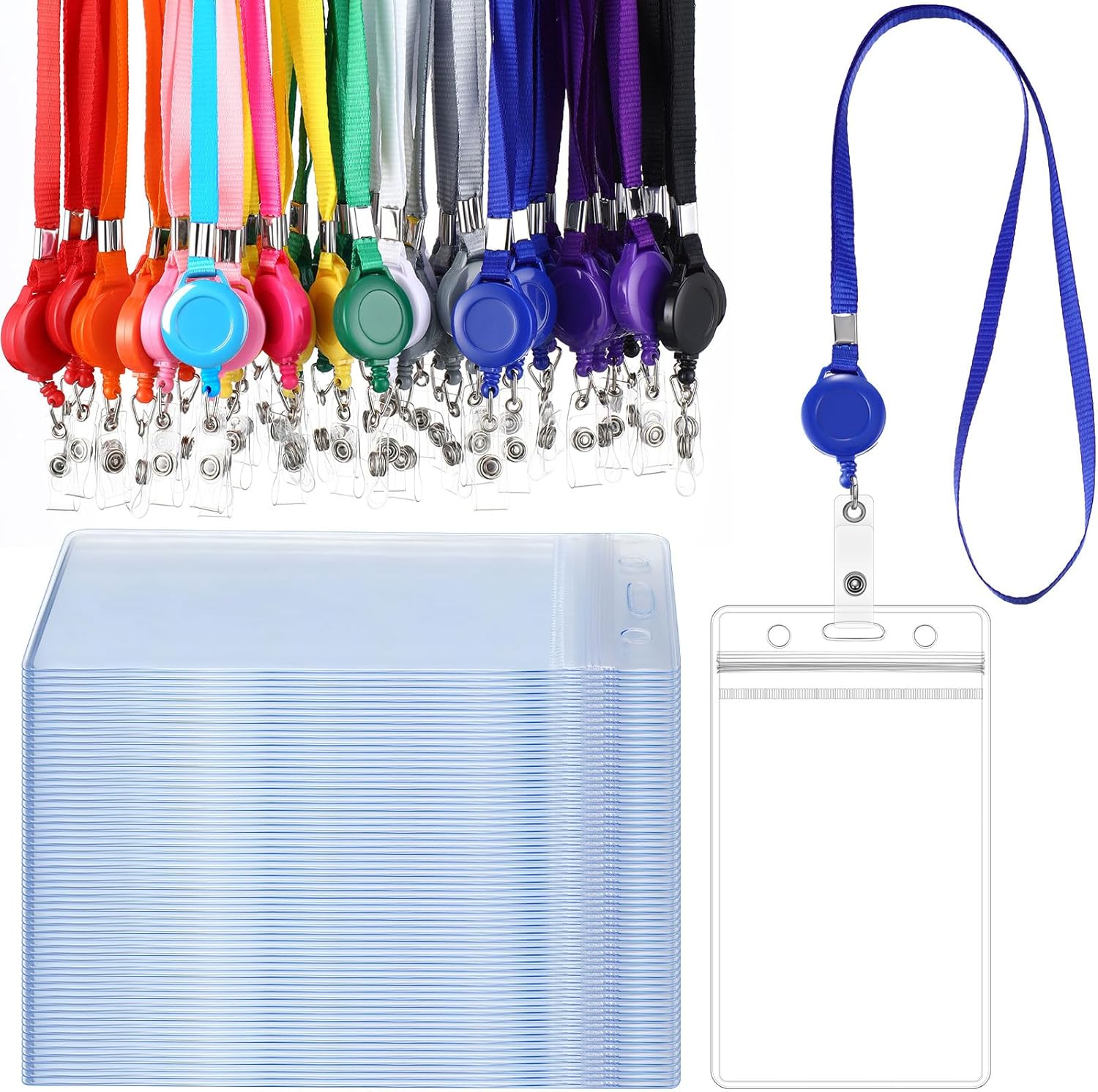 Marspark 50 Set Lanyard with ID Holder Include Flat Lanyard with Retractable Badge Reel and Clear Vertical Card for Offices (12 Colors)
