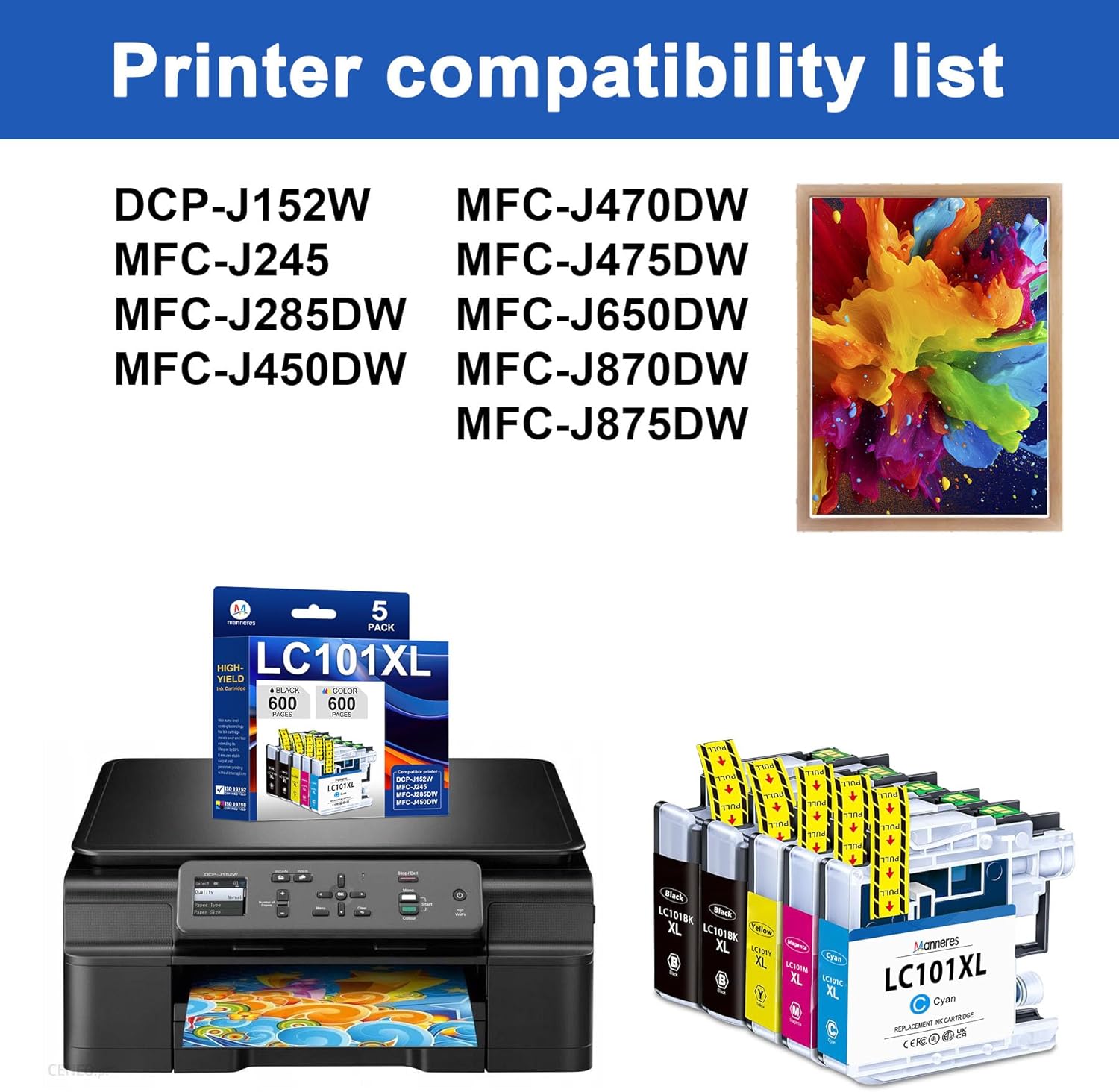 LC101XL LC101 High Yield Ink Cartridges Replacement for Brother LC101 LC103 LC103XL Work for MFC-J245 MFC-J285DW MFC-J450DW MFC-J470DW Printer (2Black 1Cyan 1Magenta 1Yellow, 5 Pack)