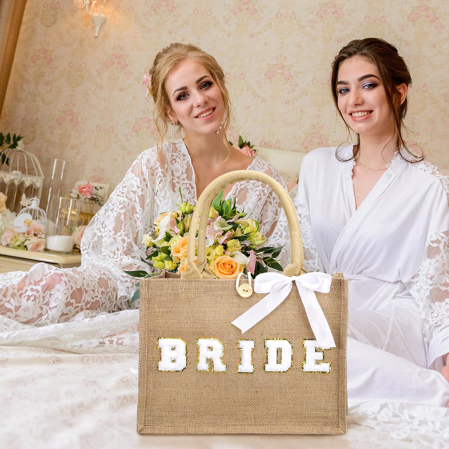 Silkfly Wedding Bride Bag Natural Jute Tote with Ribbon Bride Gift Bag with Handle for Shower(Gold Diamond,Bride) - Image 5