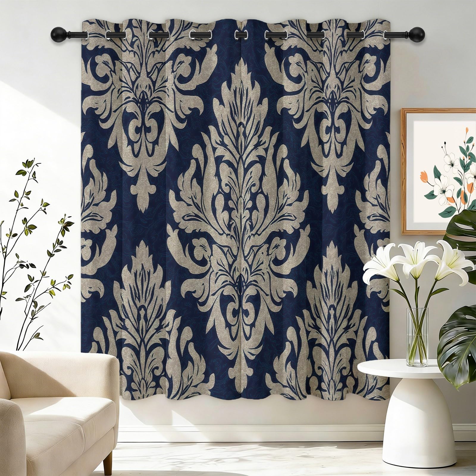 Verdunklungsvorhänge Beige-Blau Europäisch Klassisch Symmetrisch Schnörkel Blumen Vorhänge 2er Set H200 x B70 cm, Hitzeschutz Blickschutz Thermovorhang Ösen für Wohnzimmer Schlafzimmer Kinderzimmer
